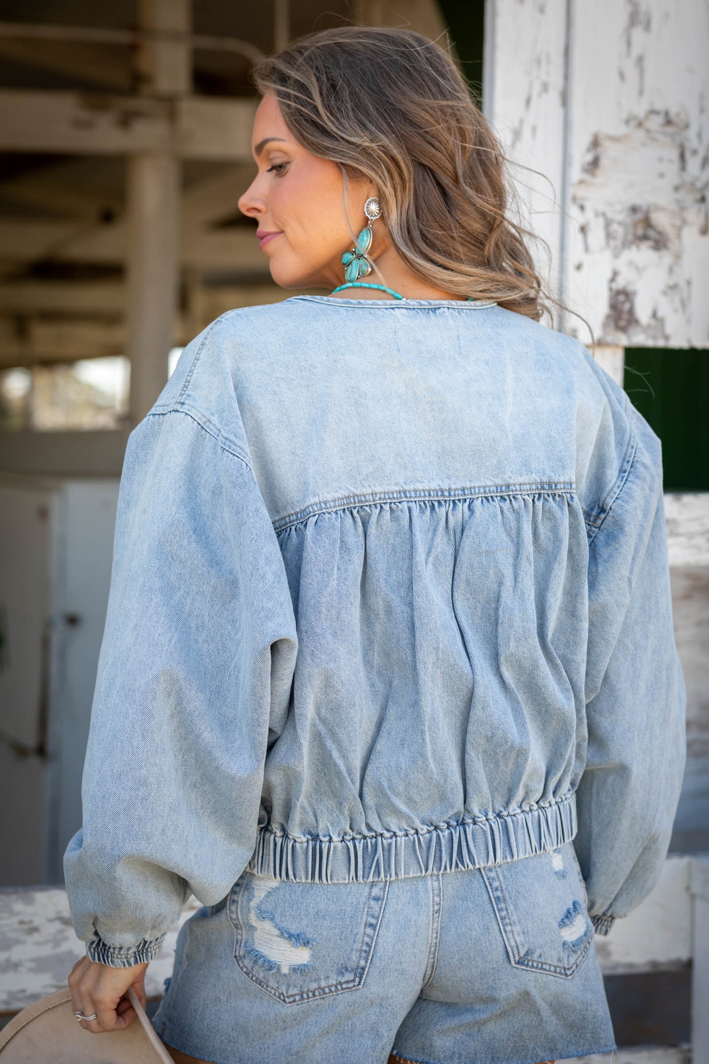 Light Denim Tiered Ruched Denim Jacket