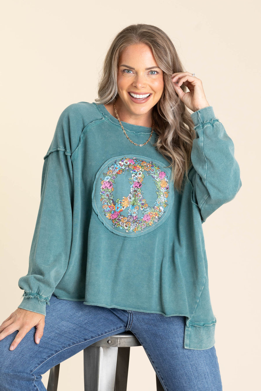 Teal Peace Front Washed Terry Knit Top