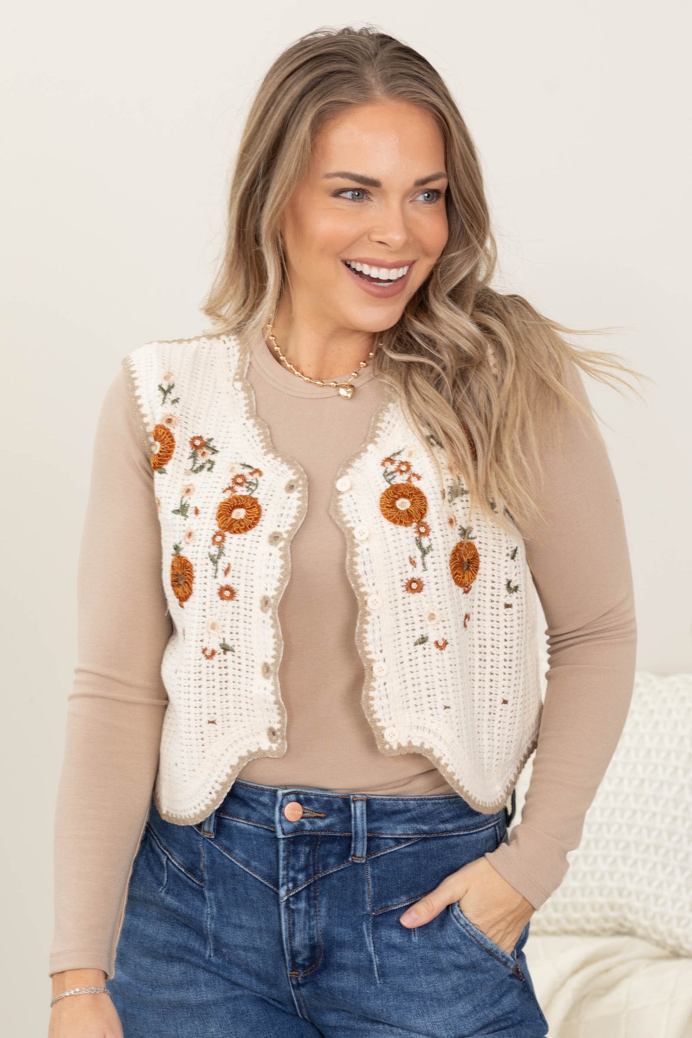 Cream Embroidered Boho Vest