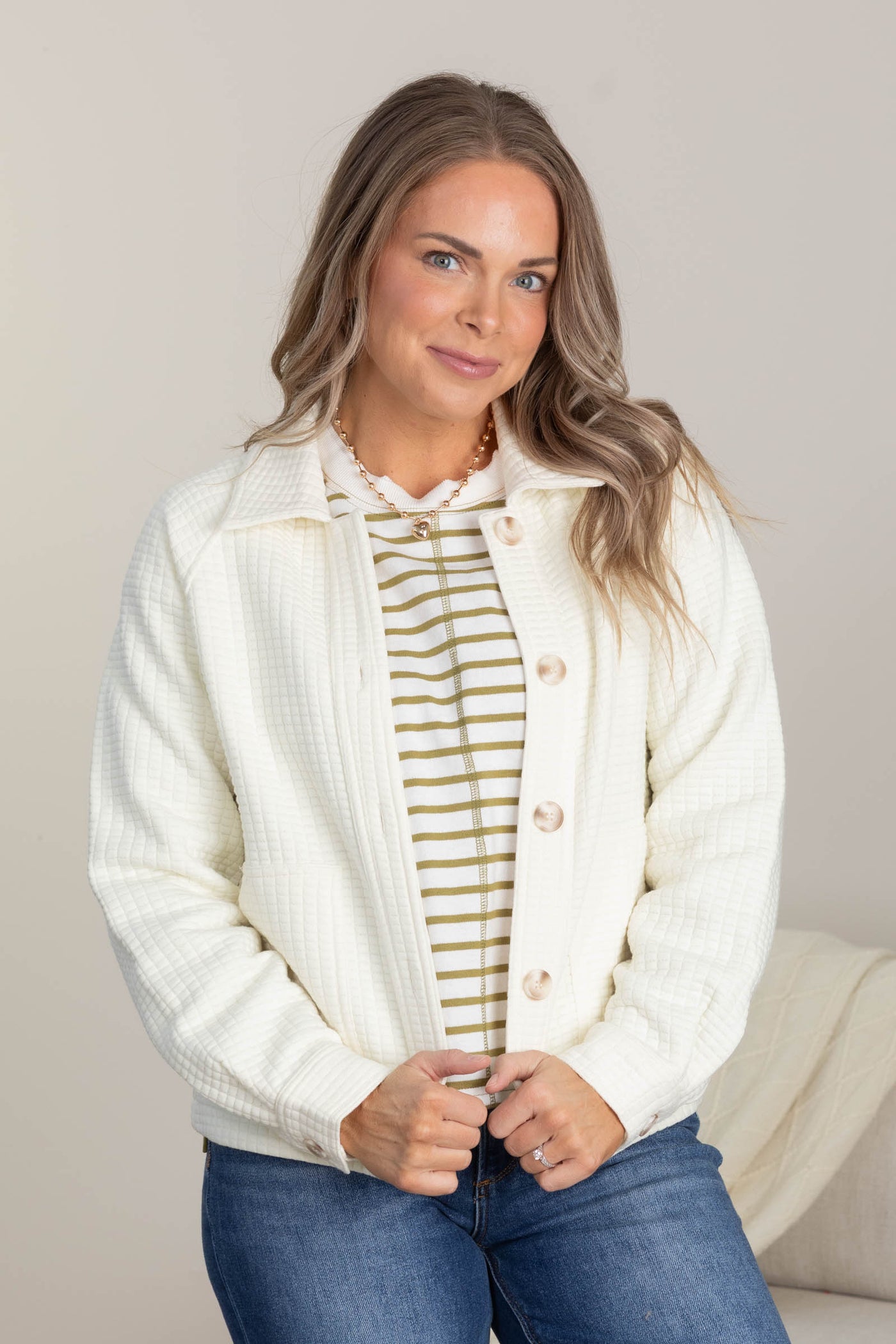 Cream Soft Waffle Shacket With Pockets