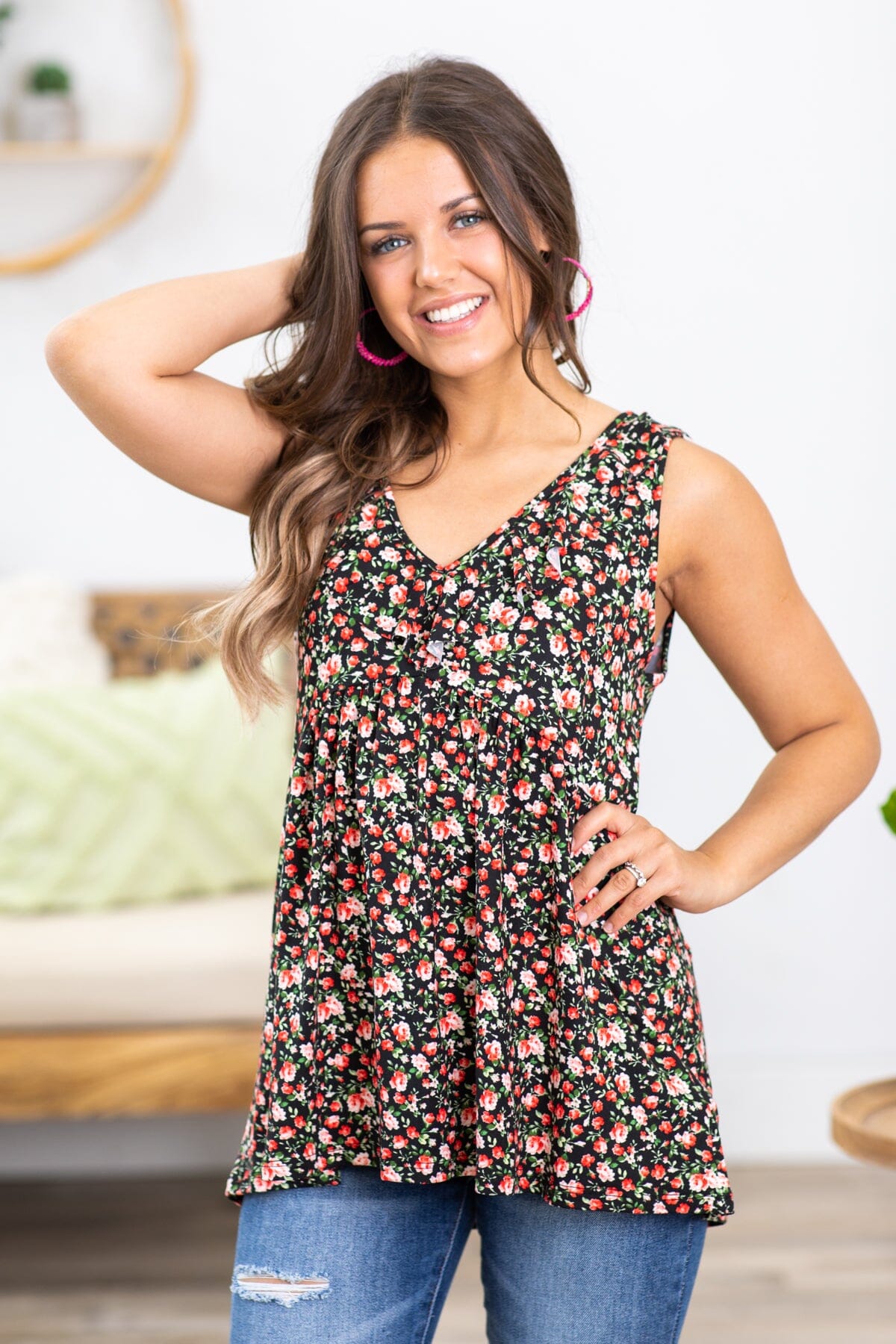 Black and Red Multicolor Ditsy Floral Tank - Filly Flair