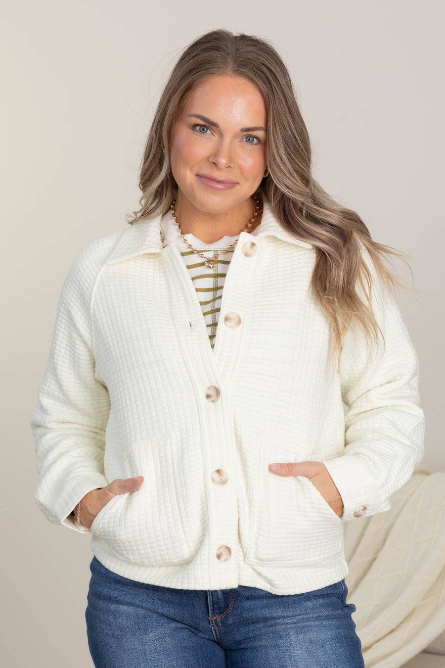 Cream Soft Waffle Shacket With Pockets