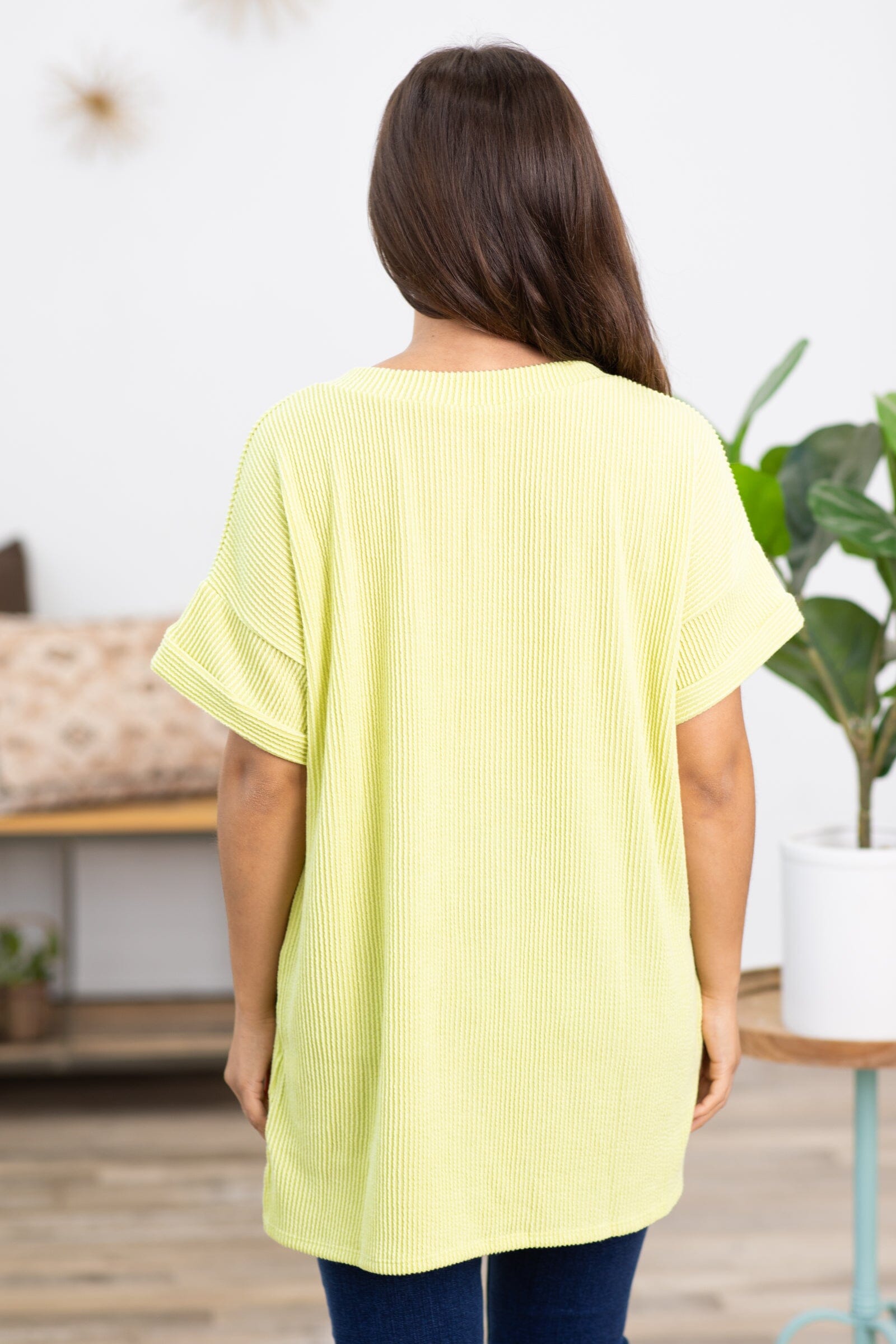 Light Olive Ribbed V-Neck Top With Pocket - Filly Flair