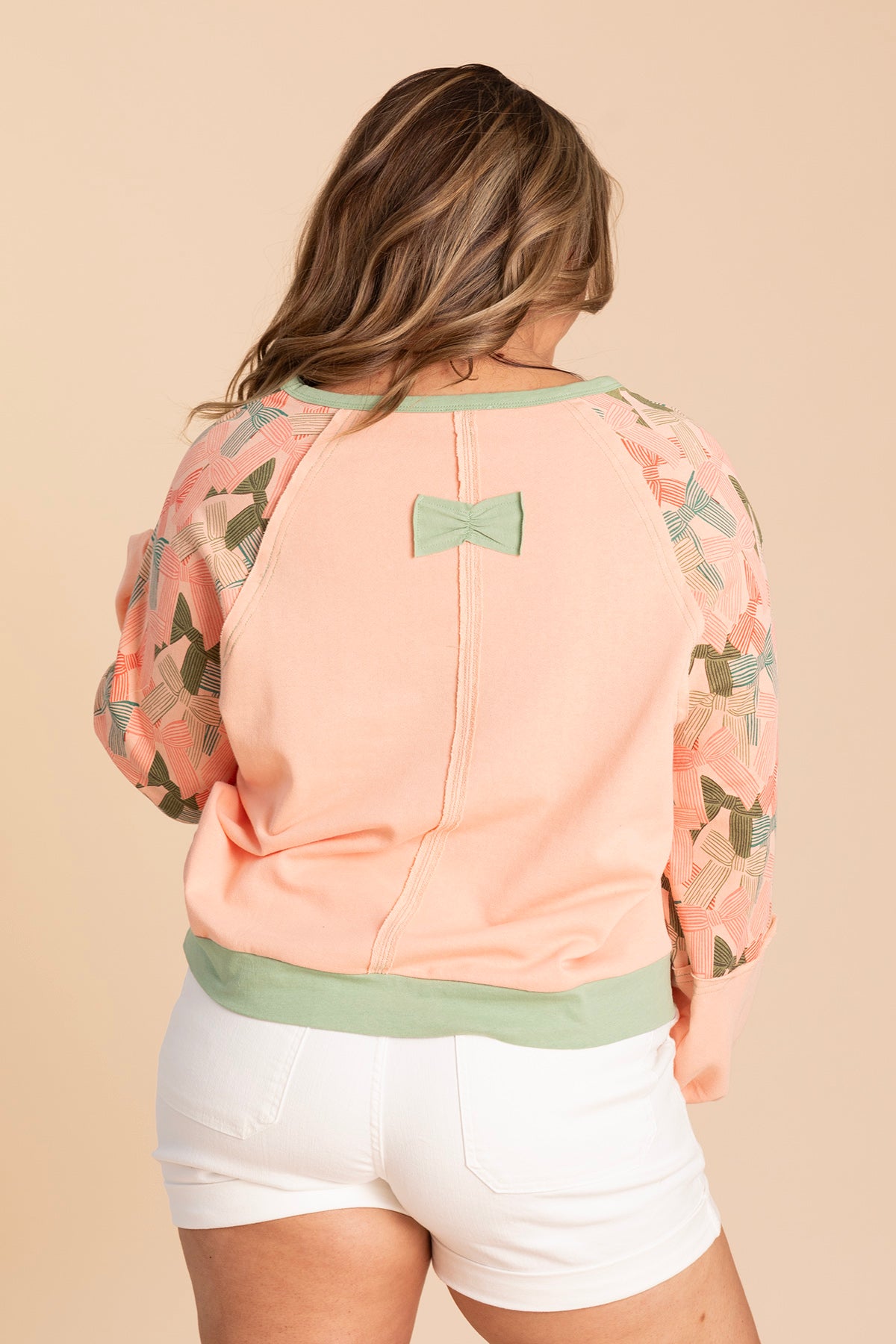 Peach And Sage Ribbon Print Knit Crewneck