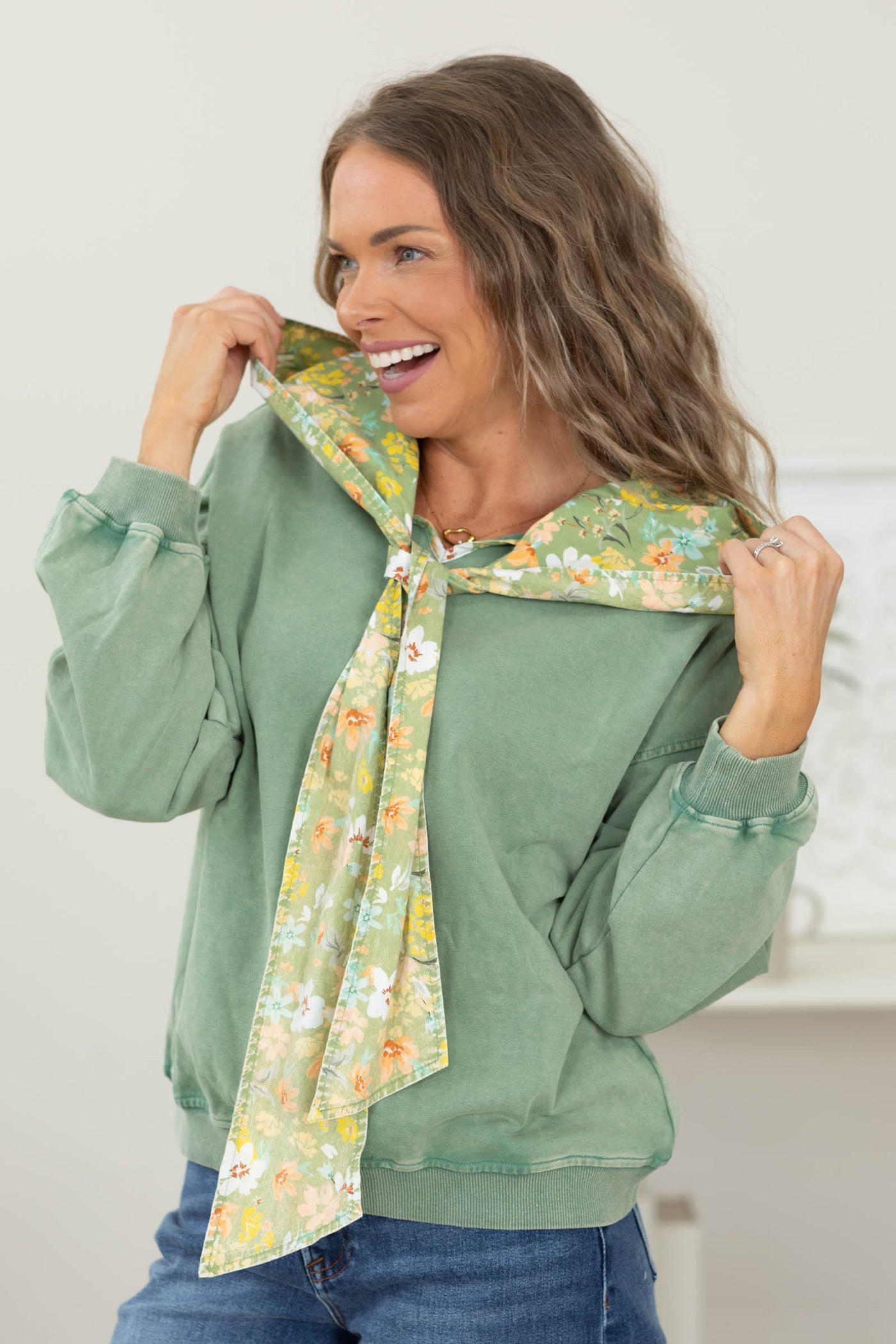Olive Mineral Washed Top With Cotton Floral Scarf