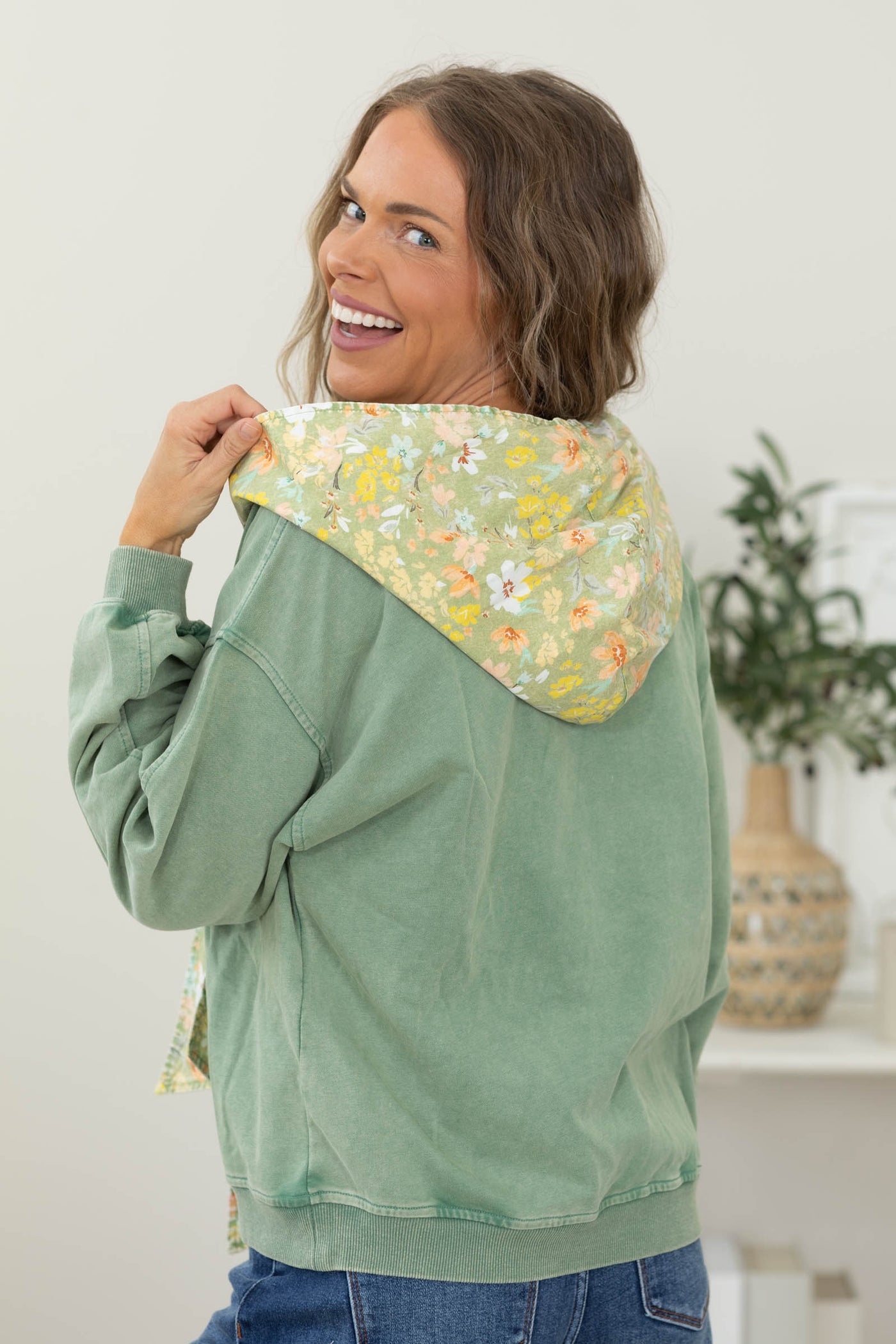 Olive Mineral Washed Top With Cotton Floral Scarf