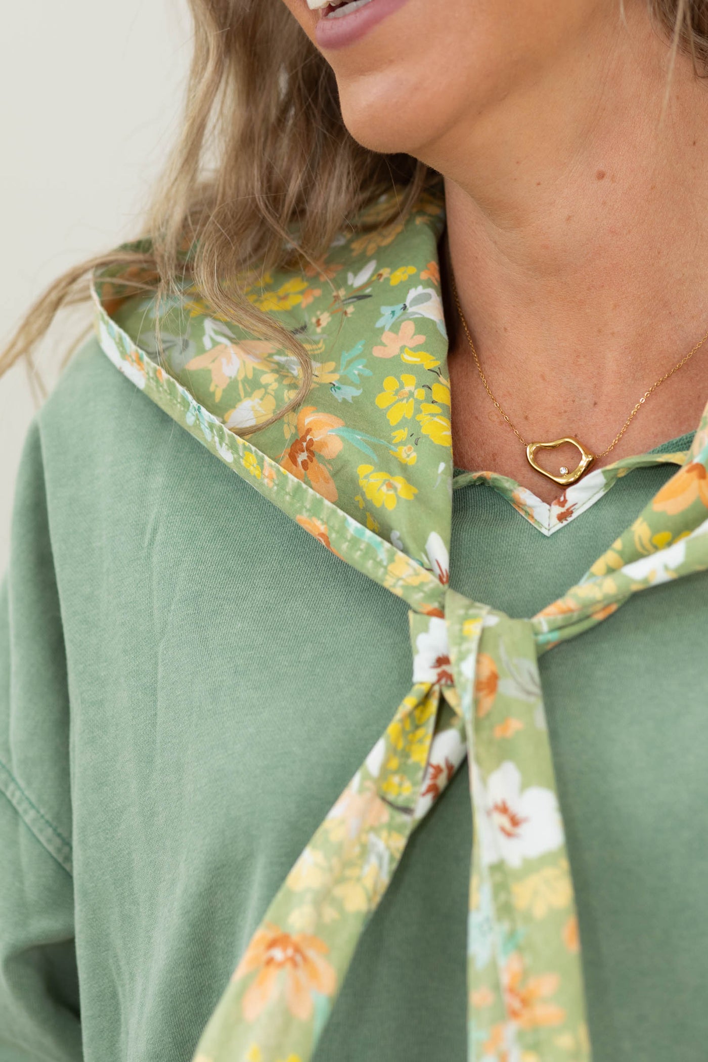 Olive Mineral Washed Top With Cotton Floral Scarf