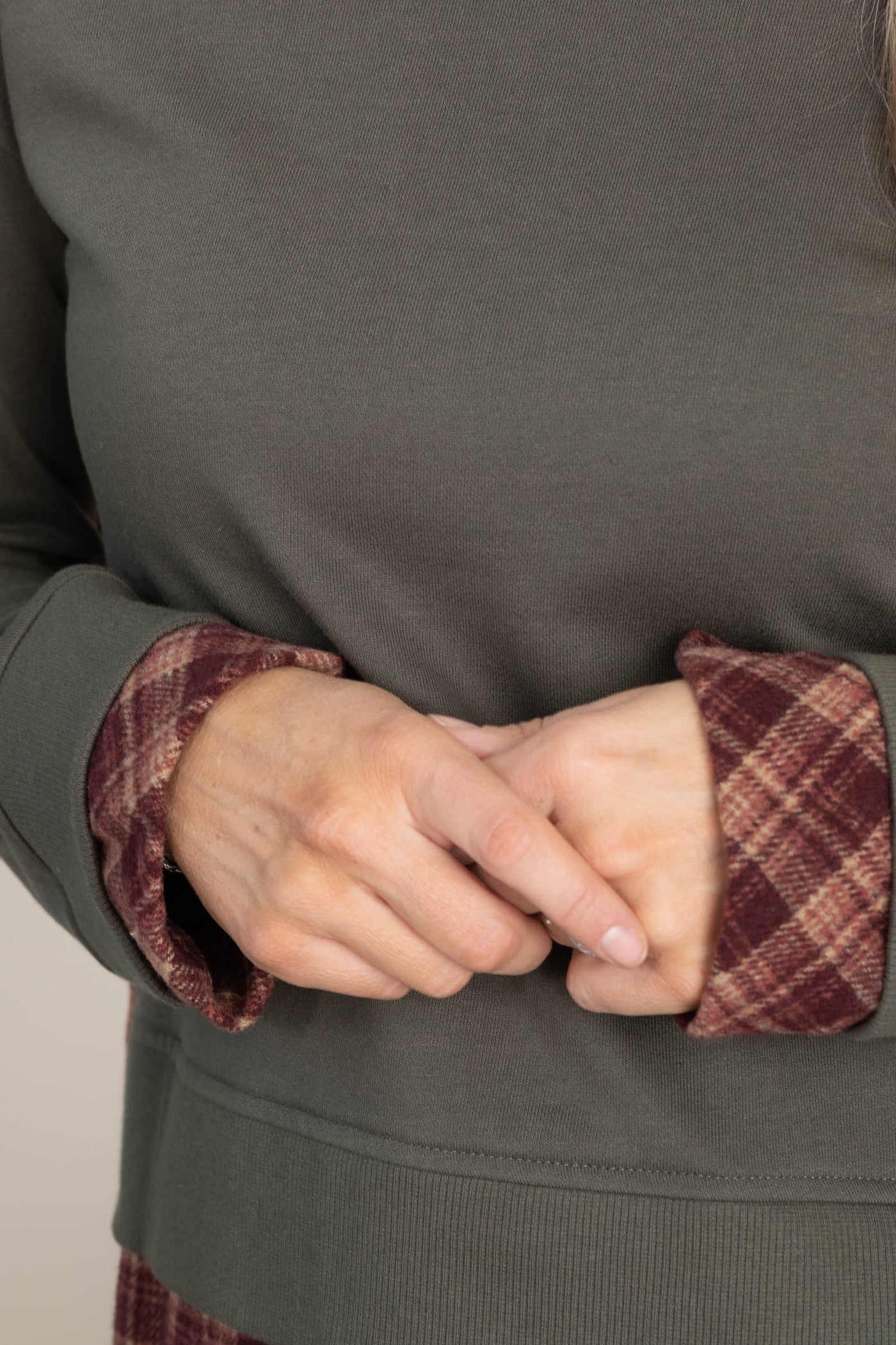 Olive Sweatshirt With Faux Layered Plaid
