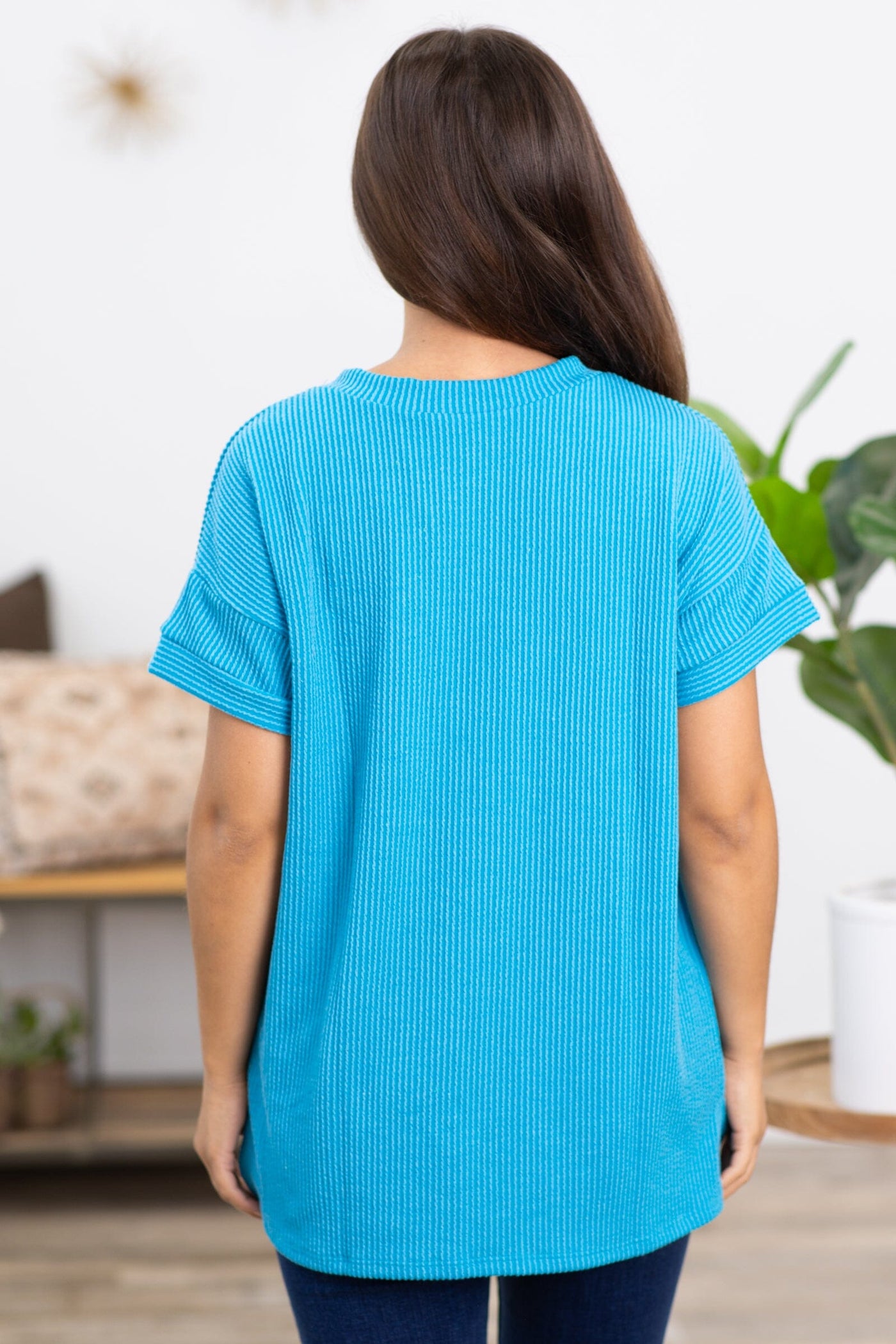 Sky Blue Ribbed V-Neck Top With Pocket - Filly Flair