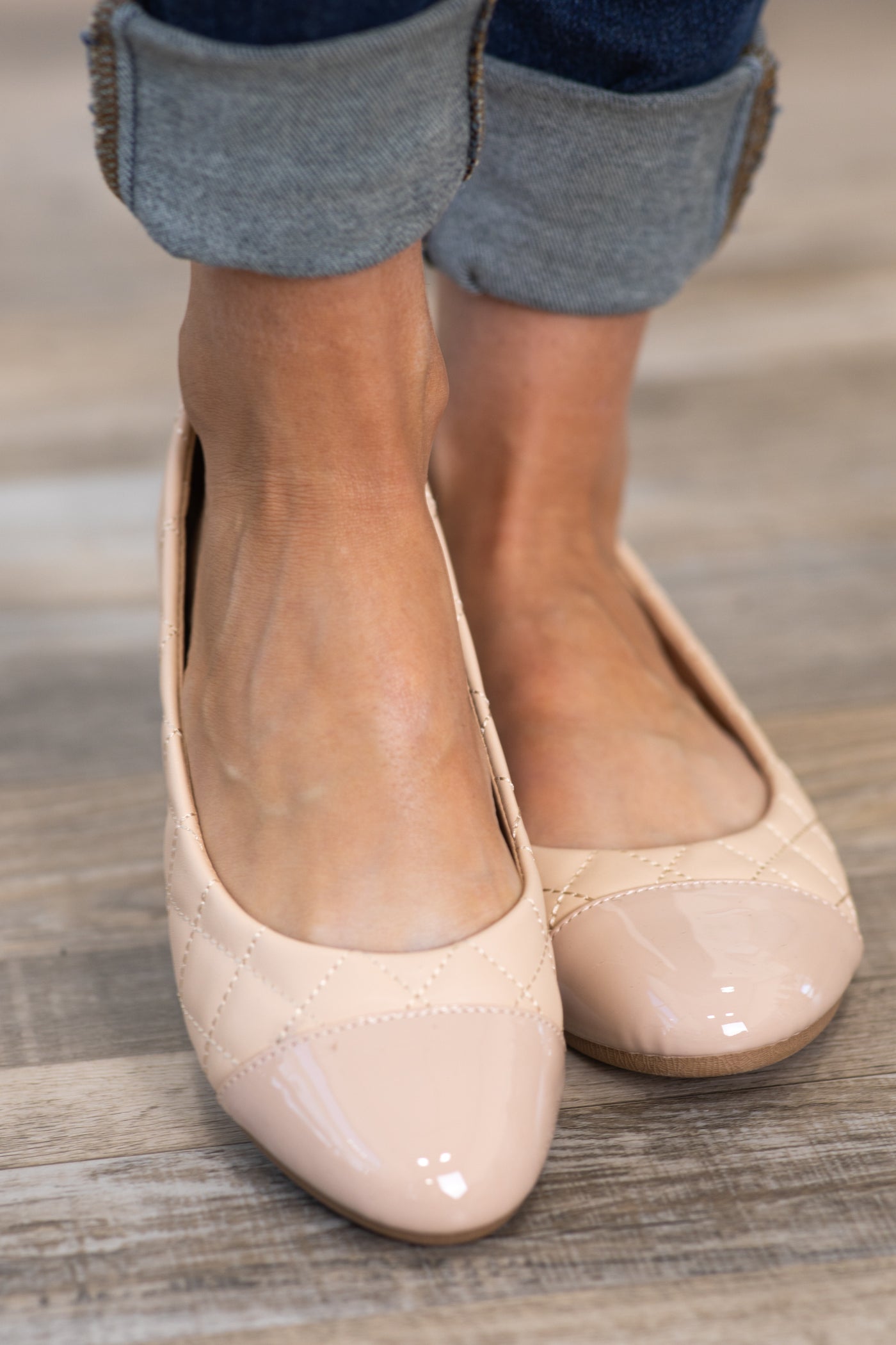 Beige Quilted Faux Leather Ballet Flats