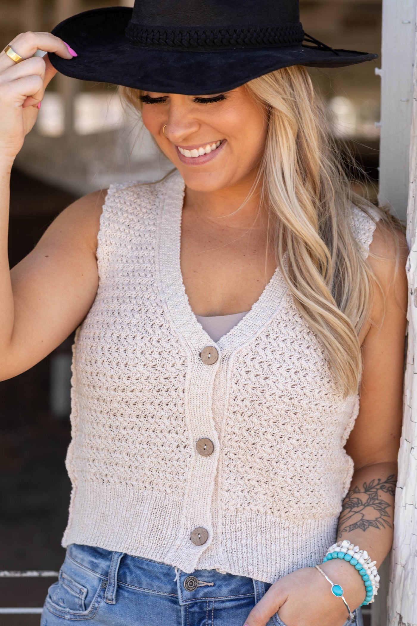 Crochet V-Neck Knit Vest Tops