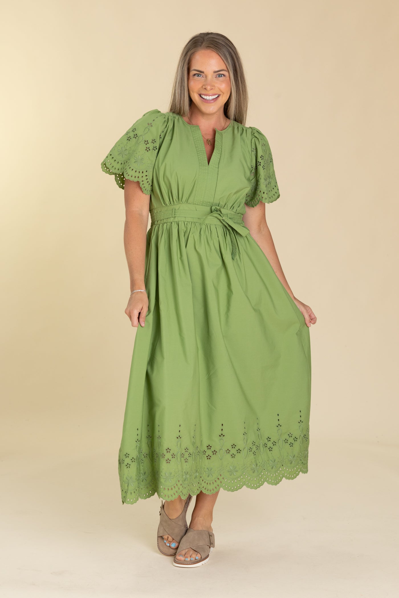 Light Green Eyelet Detail Belted Midi Dress - S Light Green Eyelet Detail Belted Midi Dress - S