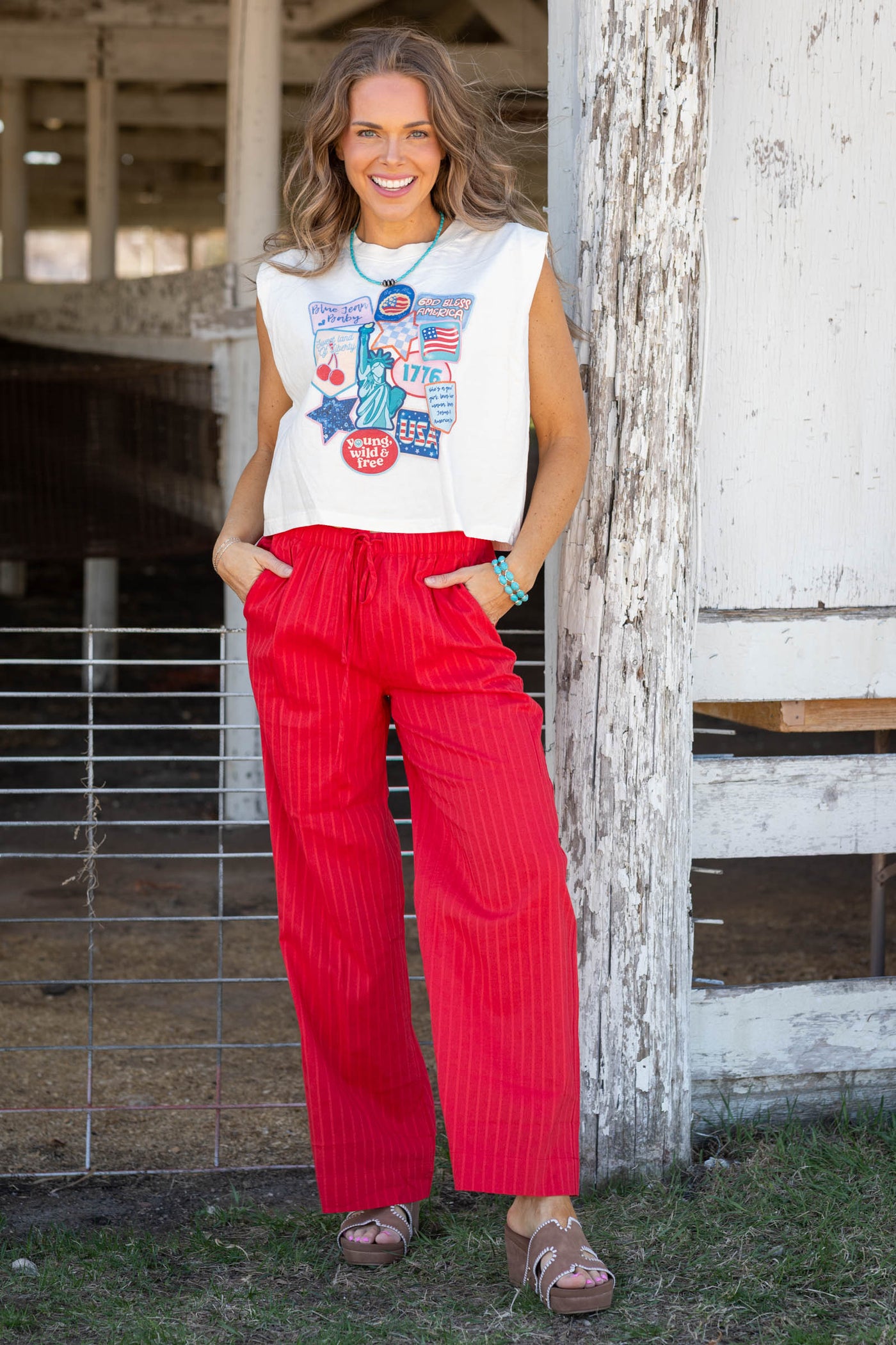 Red Pinstriped Drawstring Pants