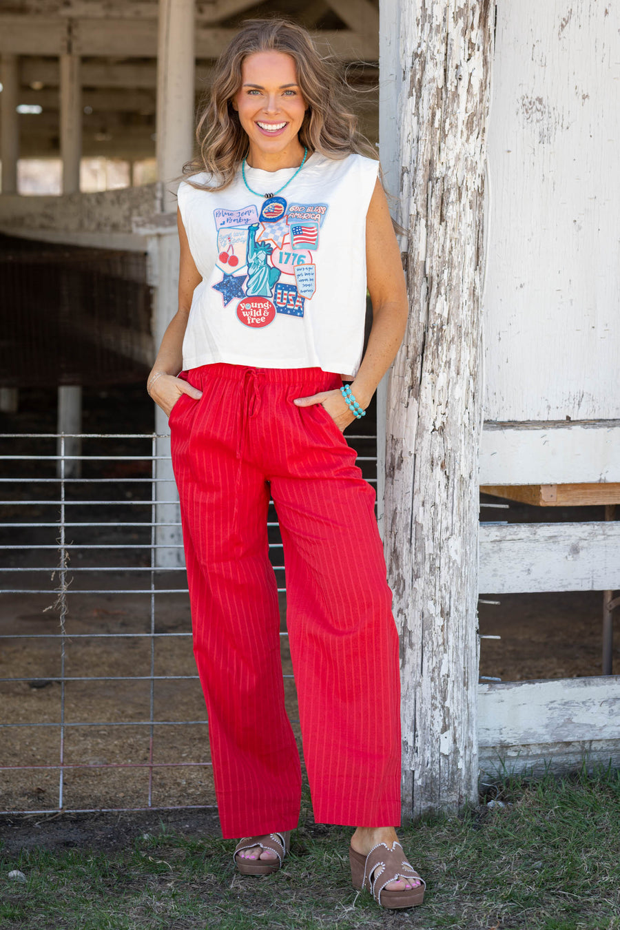 Red Pinstriped Drawstring Pants