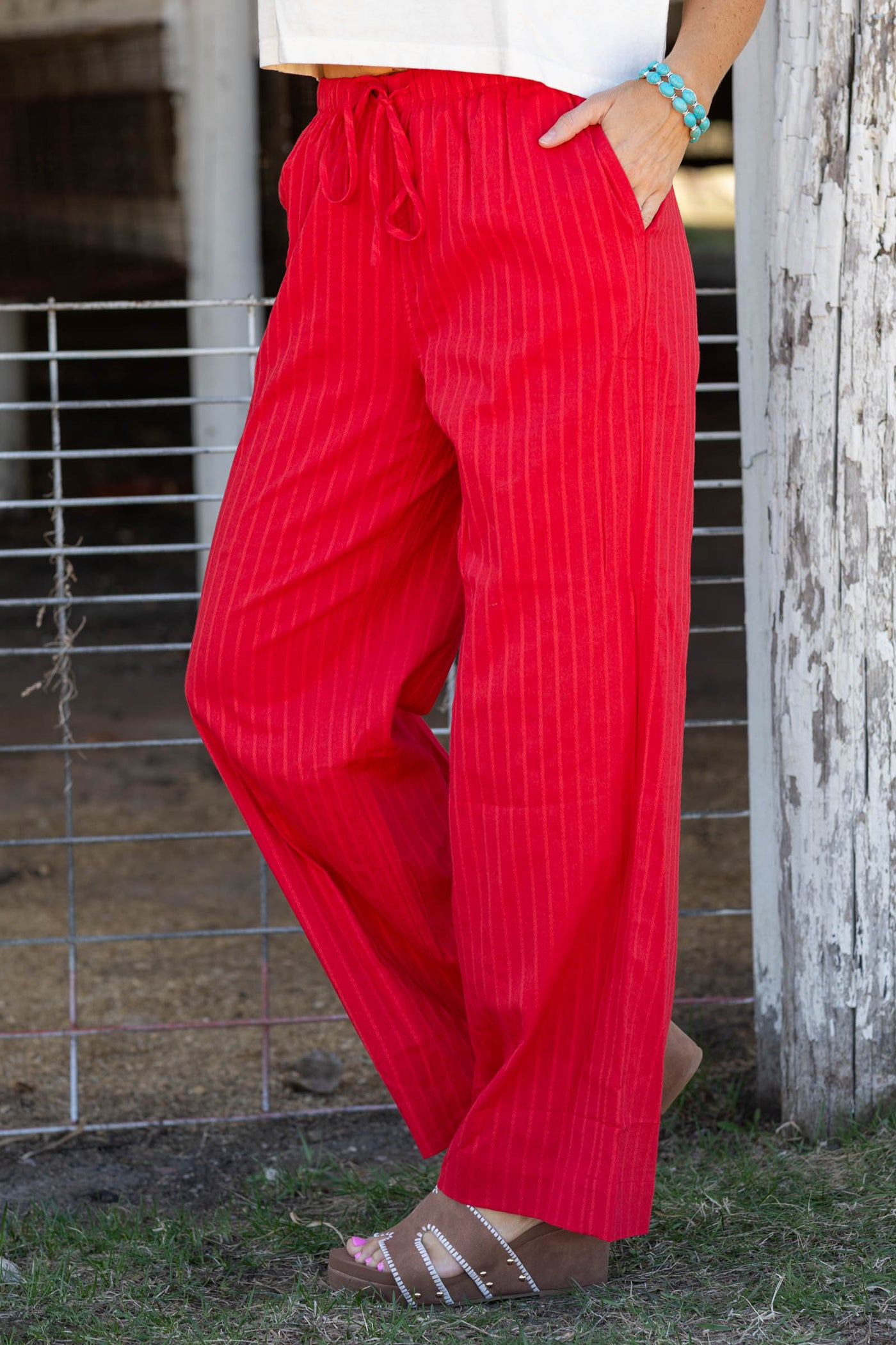 Red Pinstriped Drawstring Pants