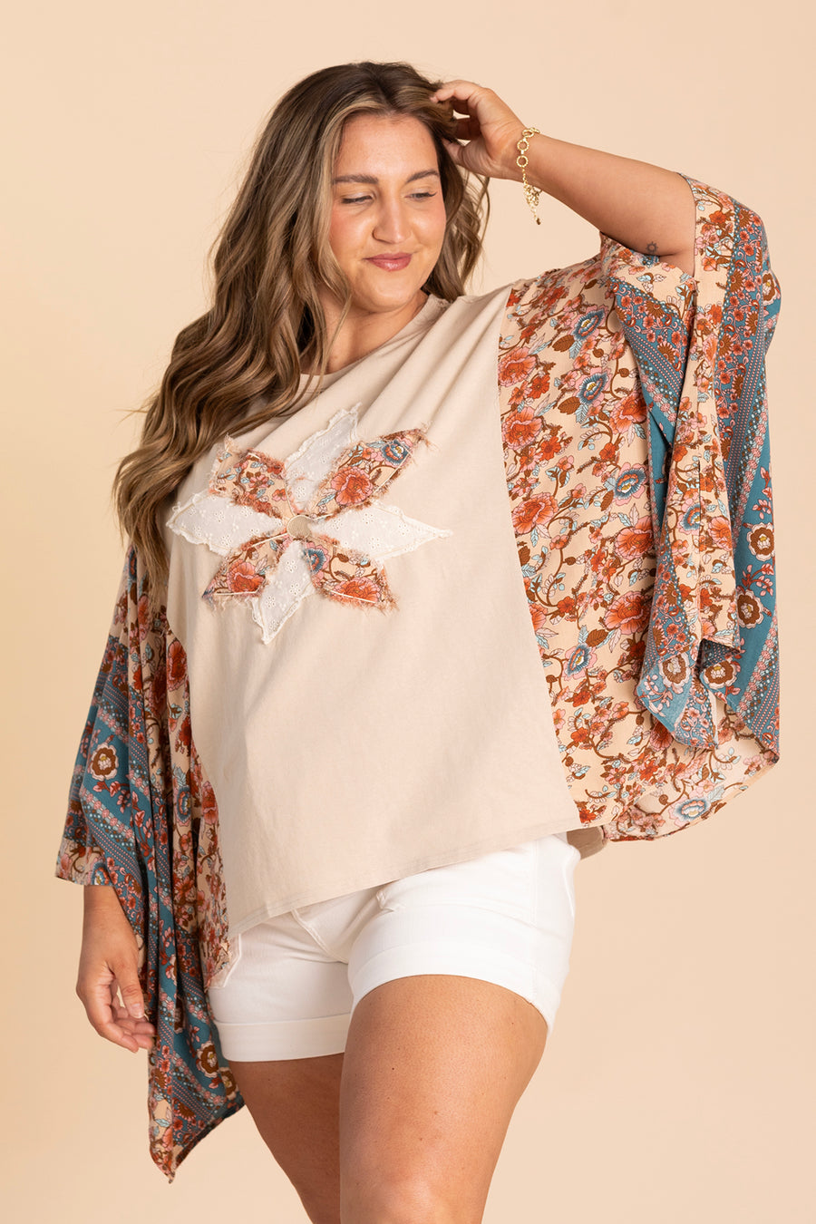 Natural Print Mix Poncho Knit Top