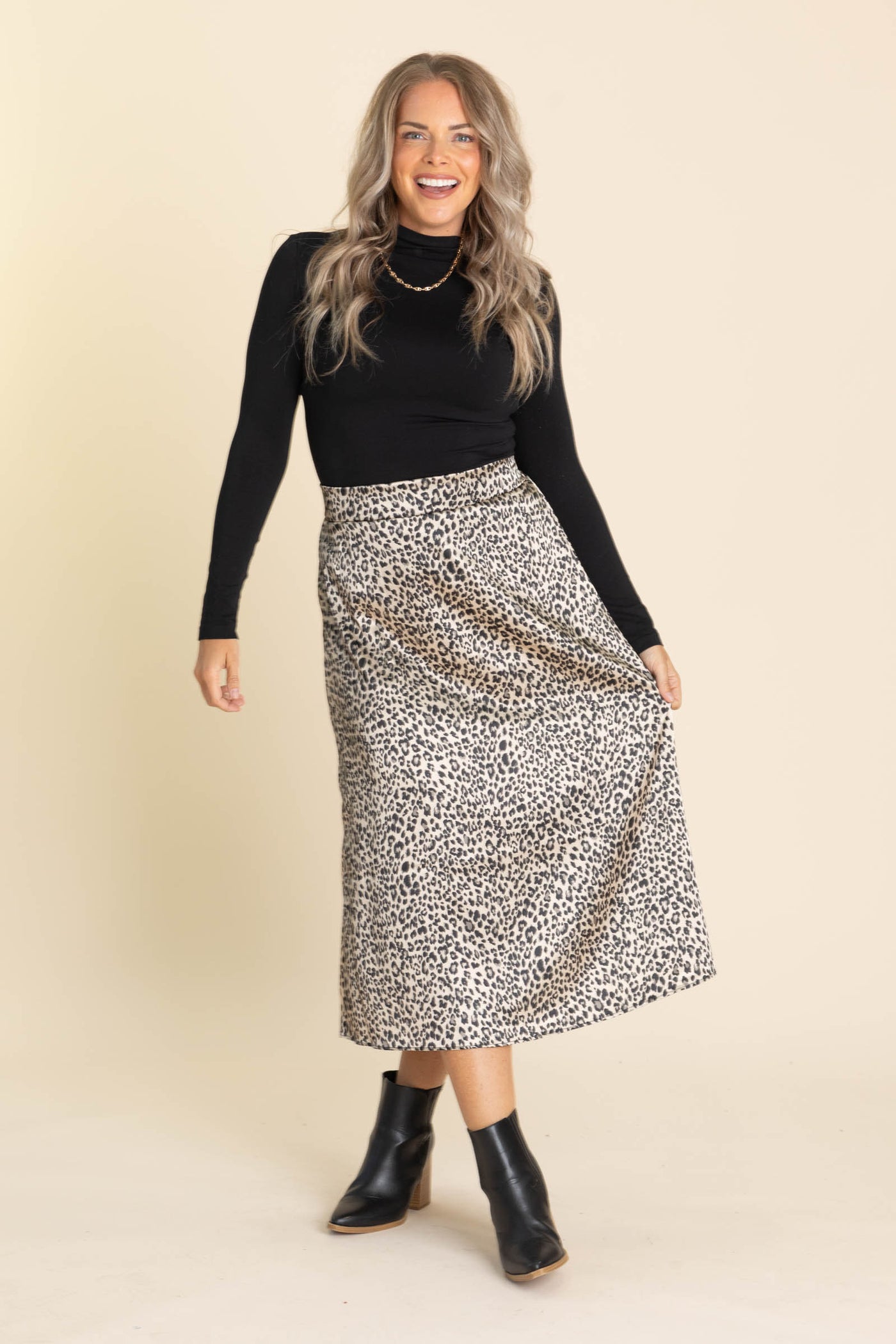 Leopard Print Midi Elastic Waist Skirt
