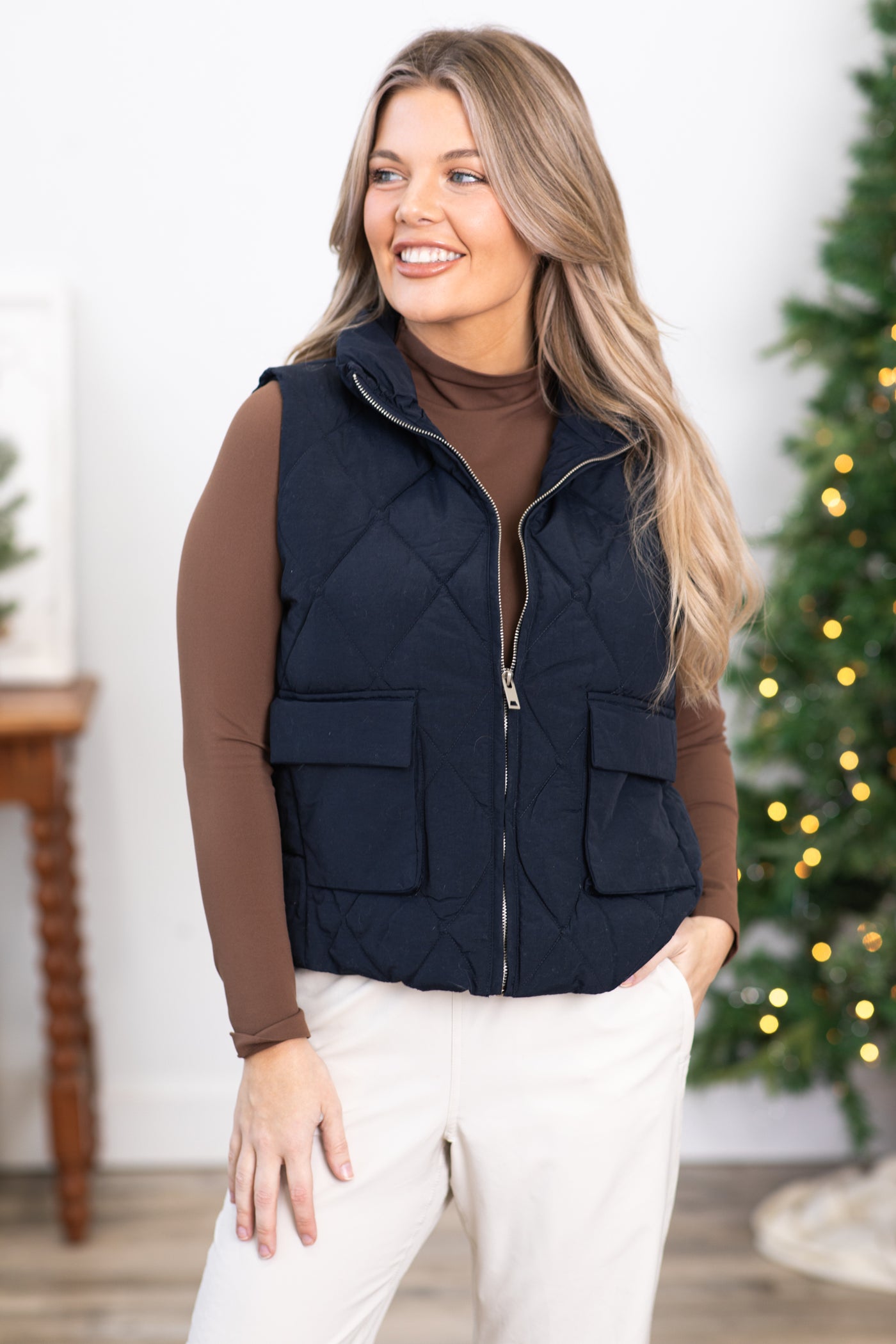 Navy Diamond Quilted Vest With Pockets
