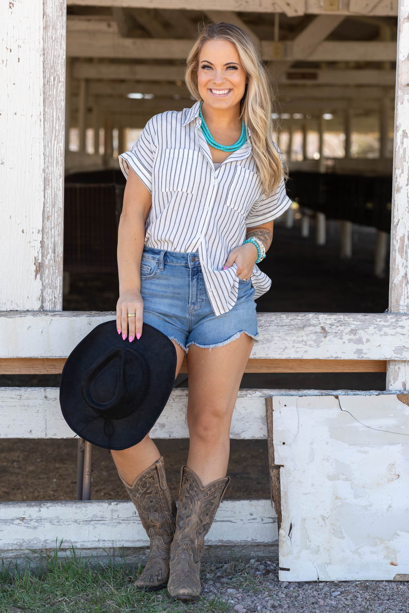 Black Stripe Button Up Dolman Sleeve Shirt