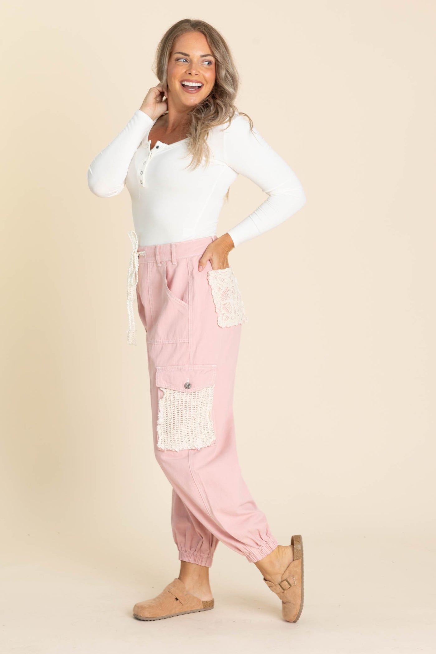 Drawstring Crochet Pants With Cargo Pockets
