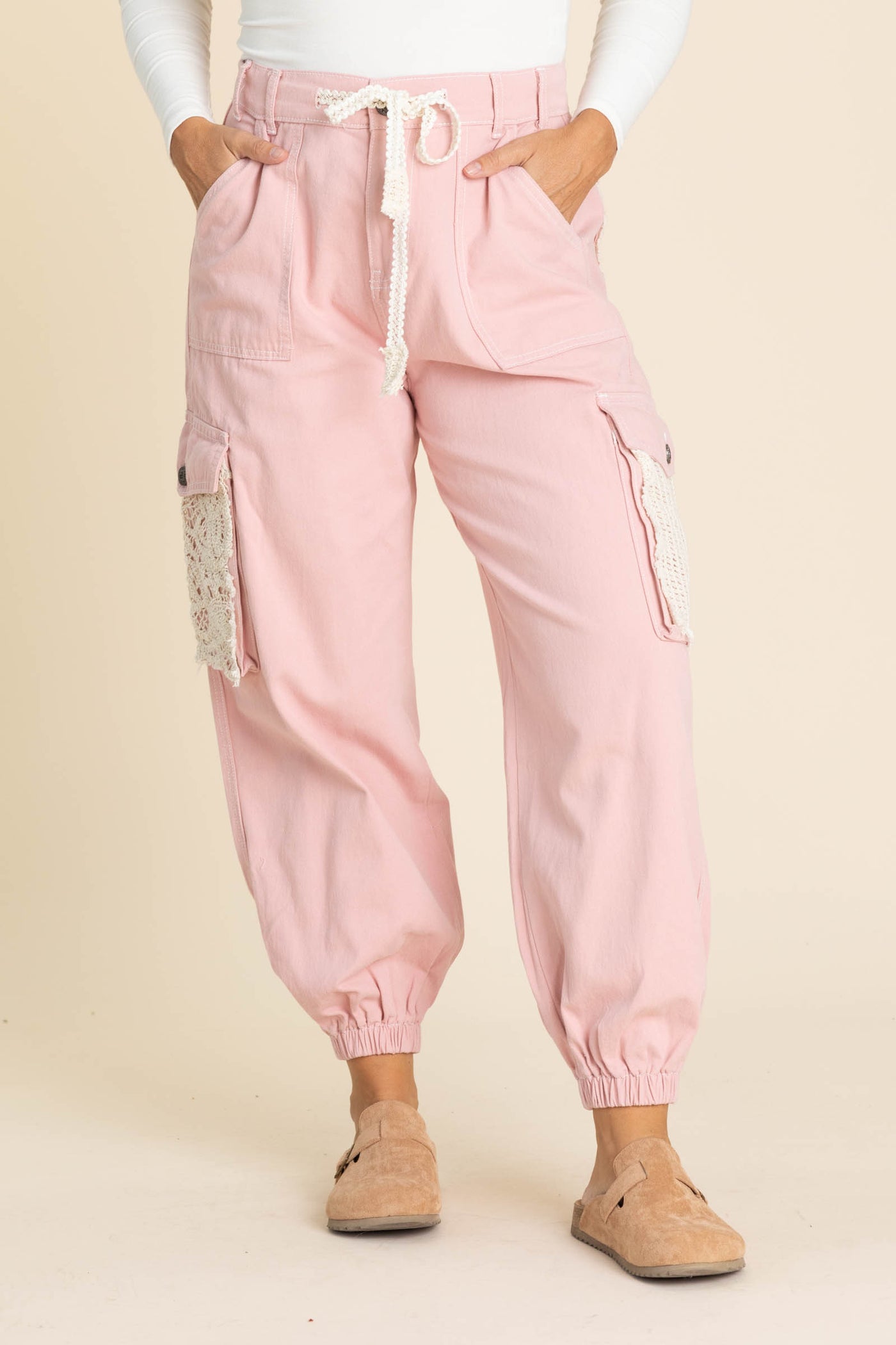 Drawstring Crochet Pants With Cargo Pockets