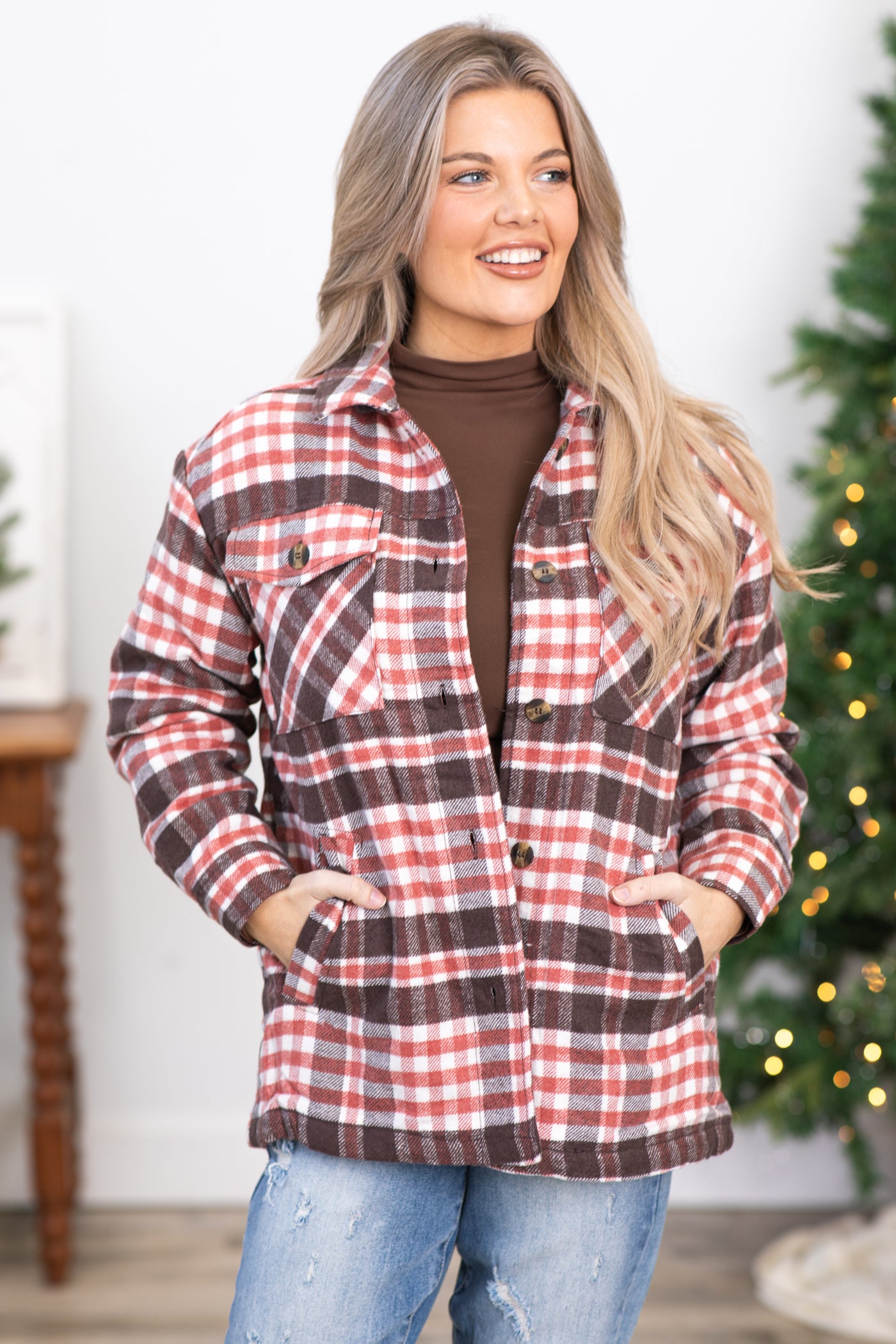 Brown and Rust Plaid Sherpa Lined Shacket
