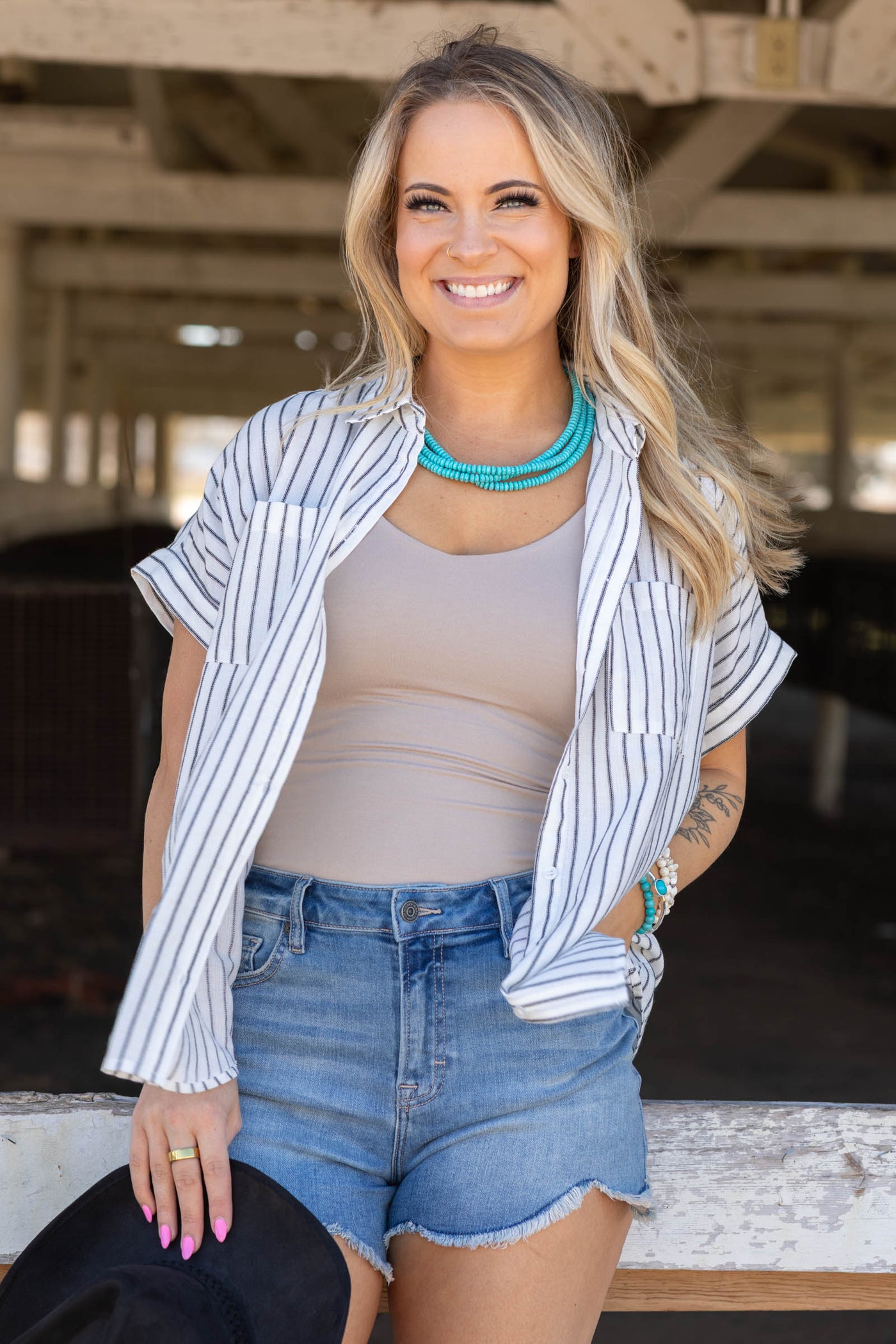 Black Stripe Button Up Dolman Sleeve Shirt