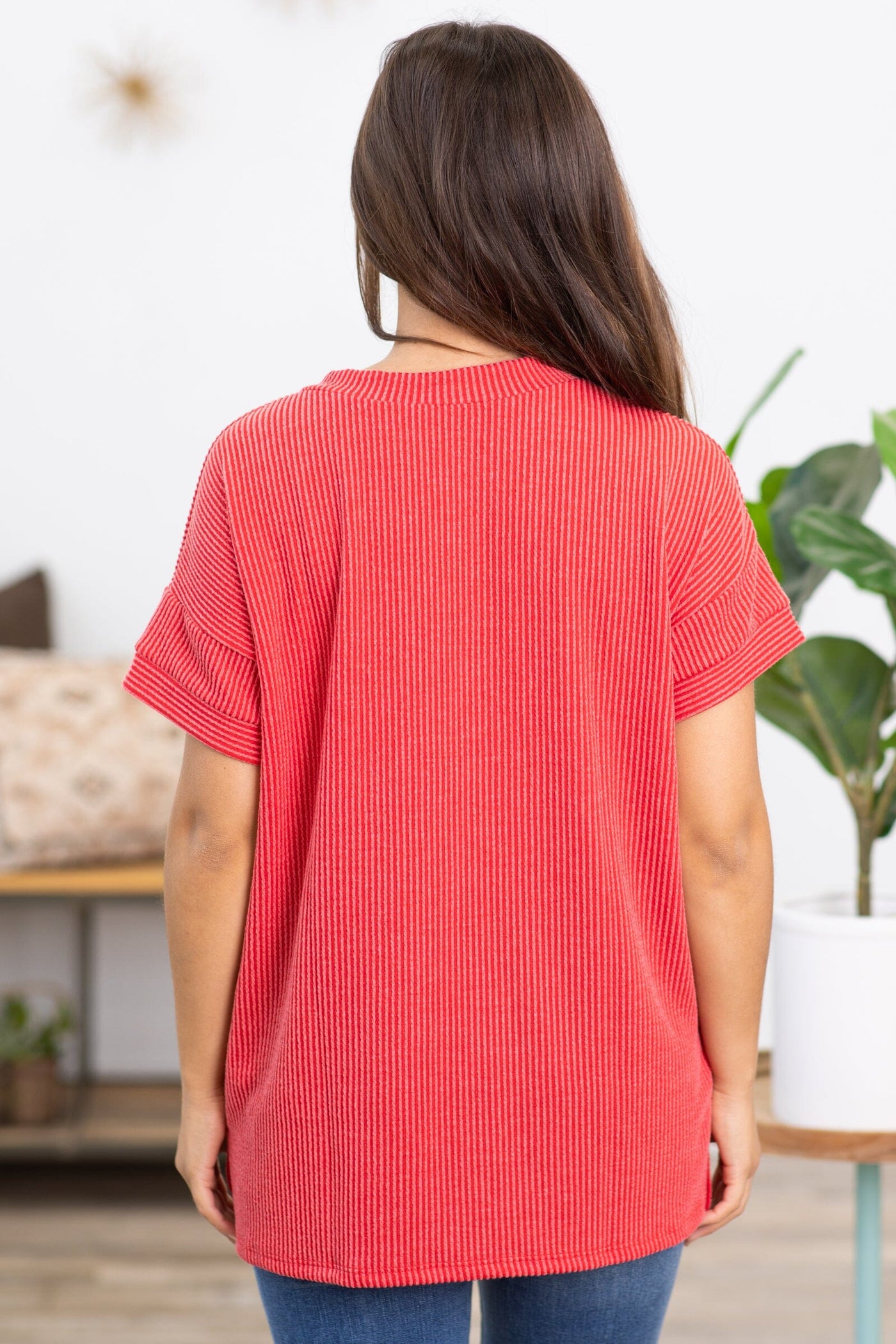Red Ribbed V-Neck Top With Pocket - Filly Flair
