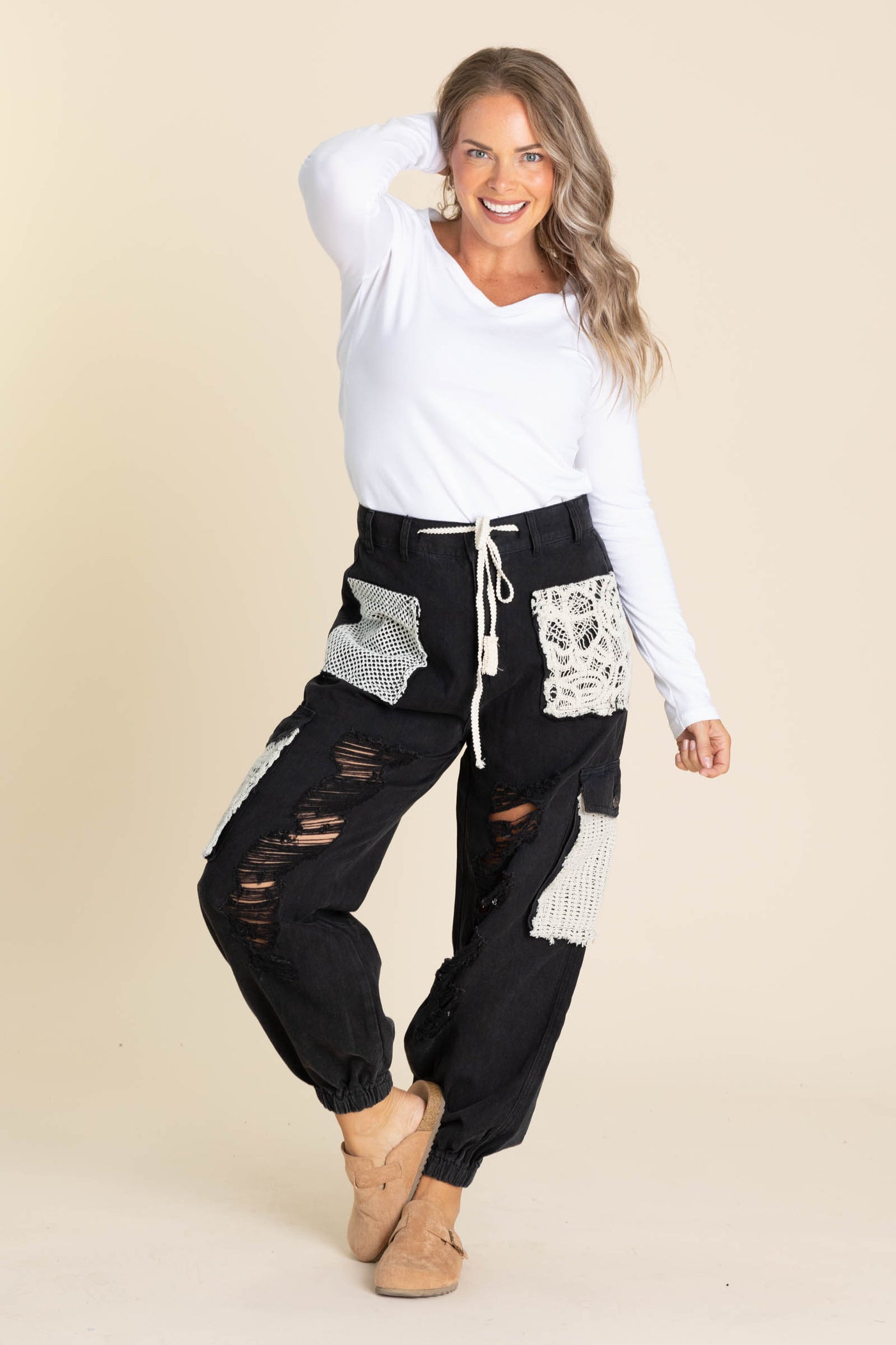 Crochet Detailed Jeans With Drawstrings