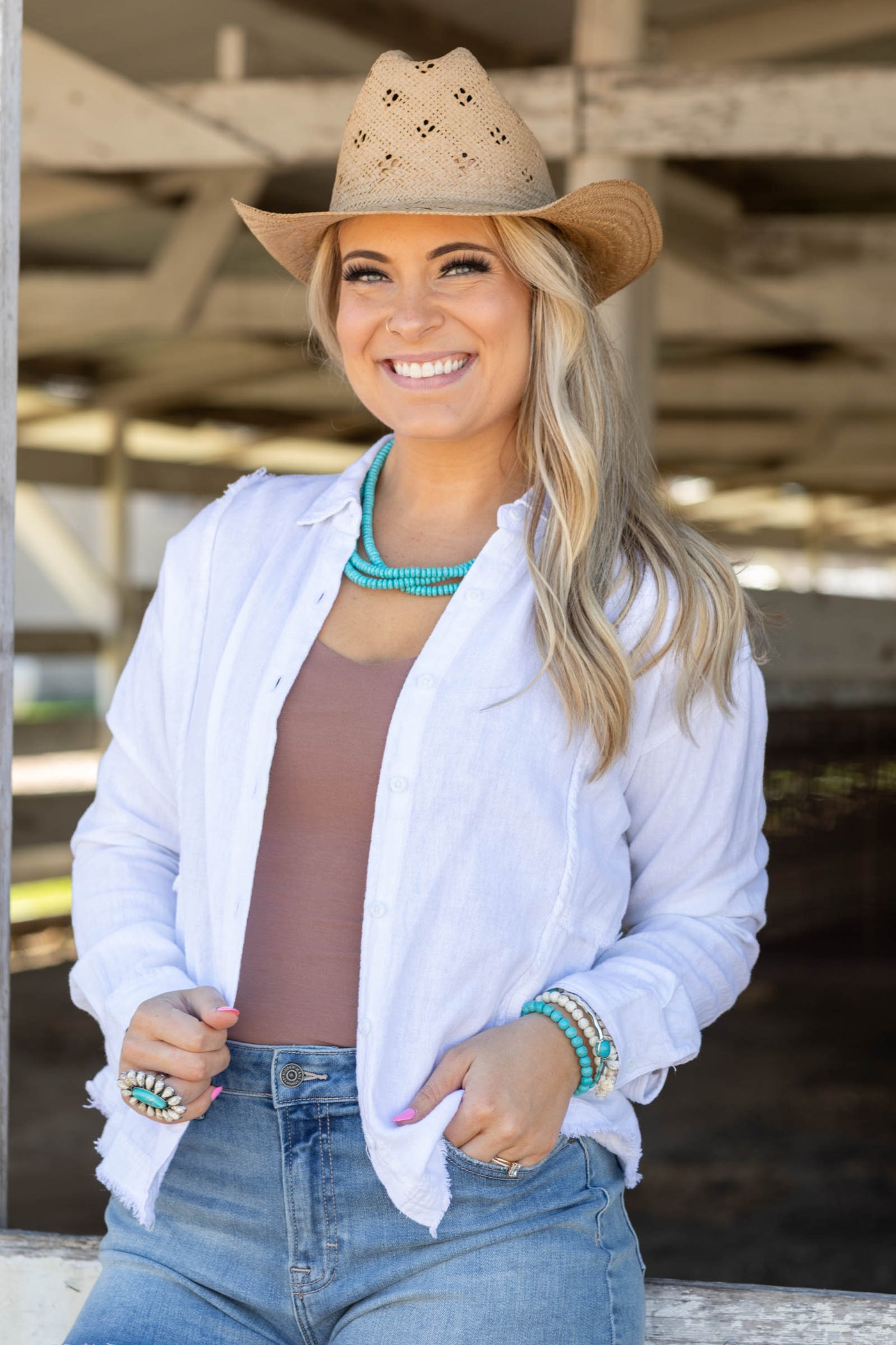 White Linen Blend Fray Detail Button Up Top
