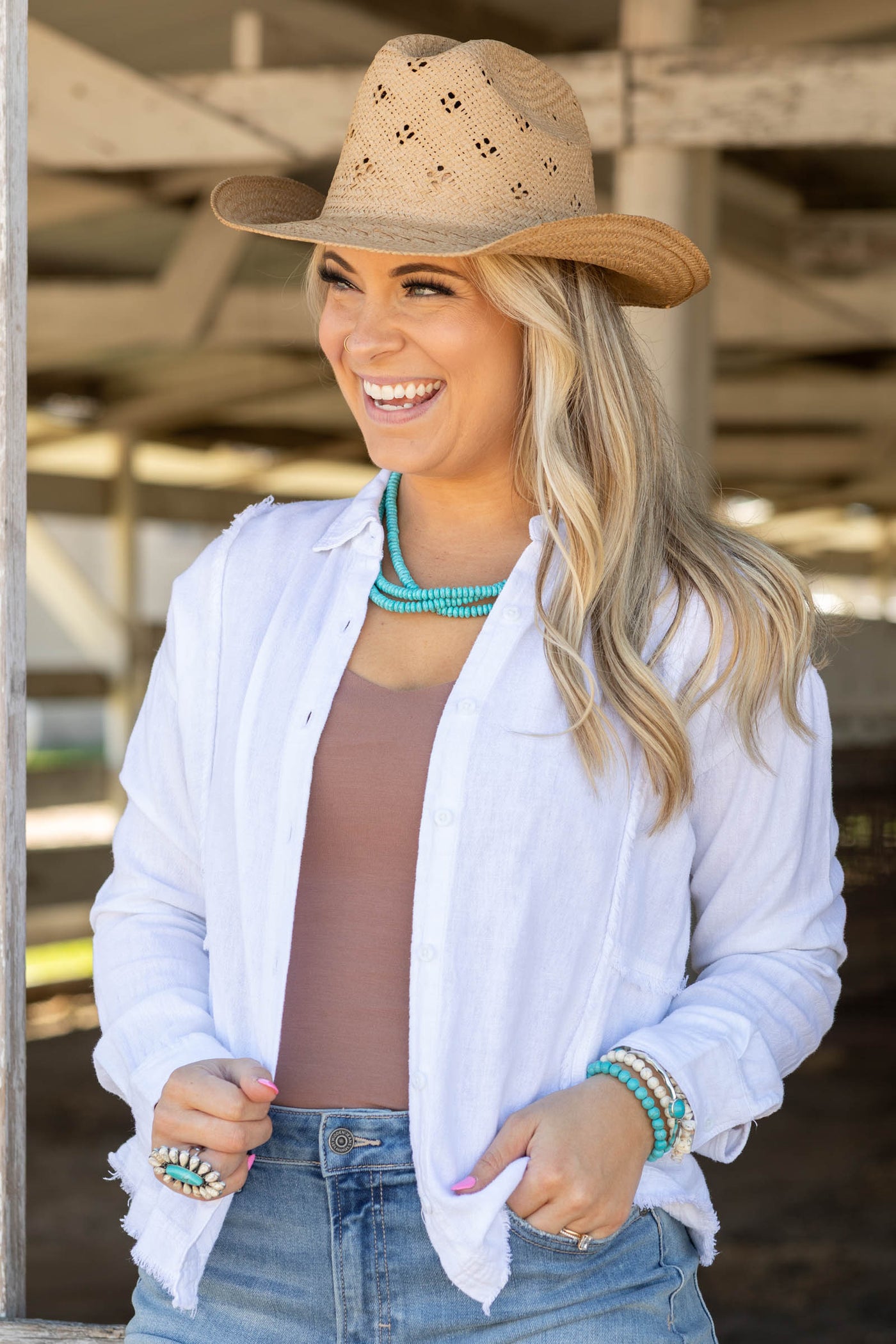 White Linen Blend Fray Detail Button Up Top