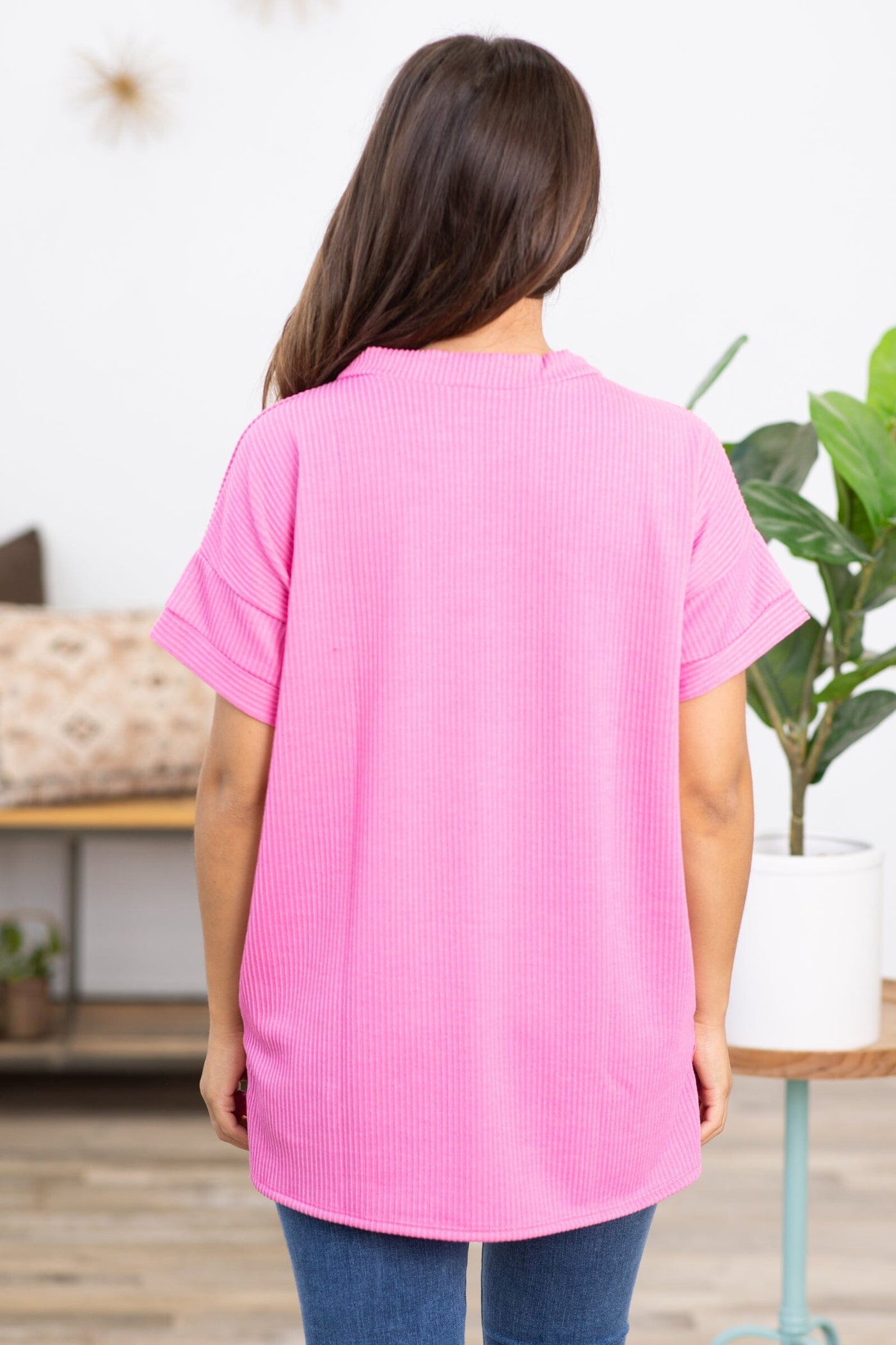Pink Ribbed V-Neck Top With Pocket - Filly Flair