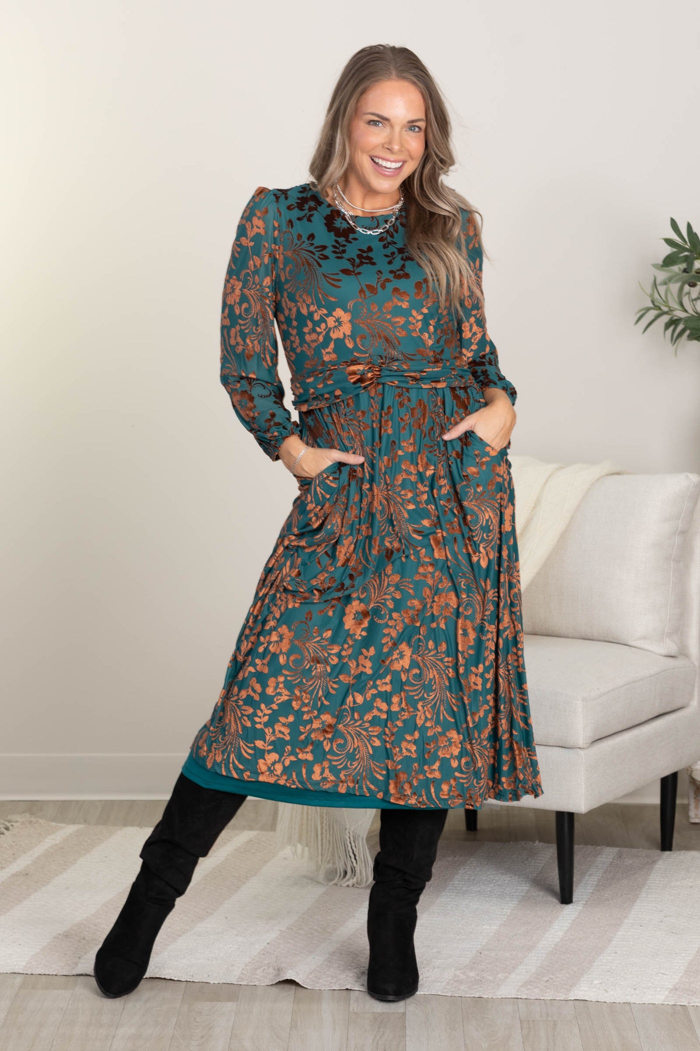Teal and Copper Burnout Velvet Floral Print Dress