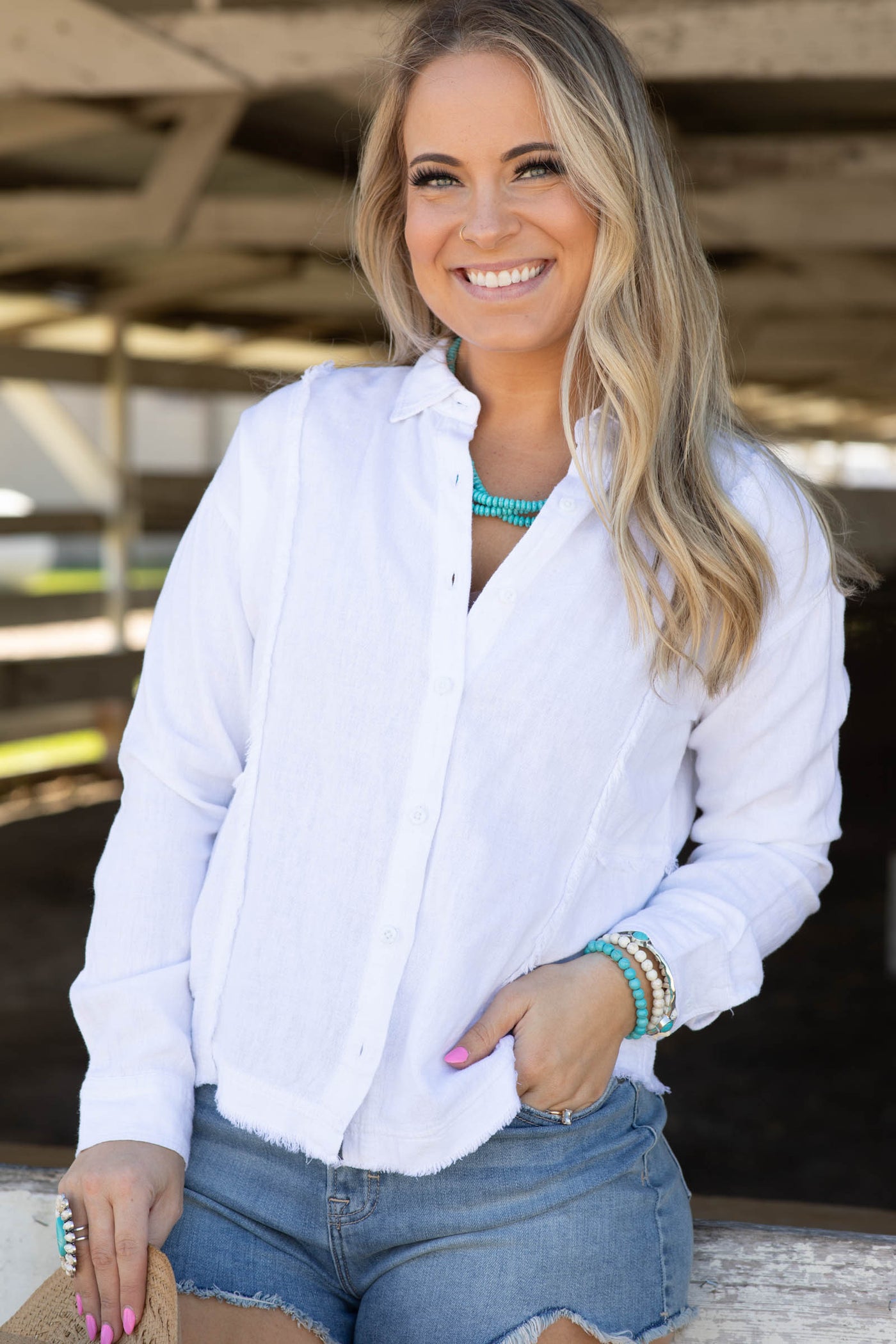 White Linen Blend Fray Detail Button Up Top