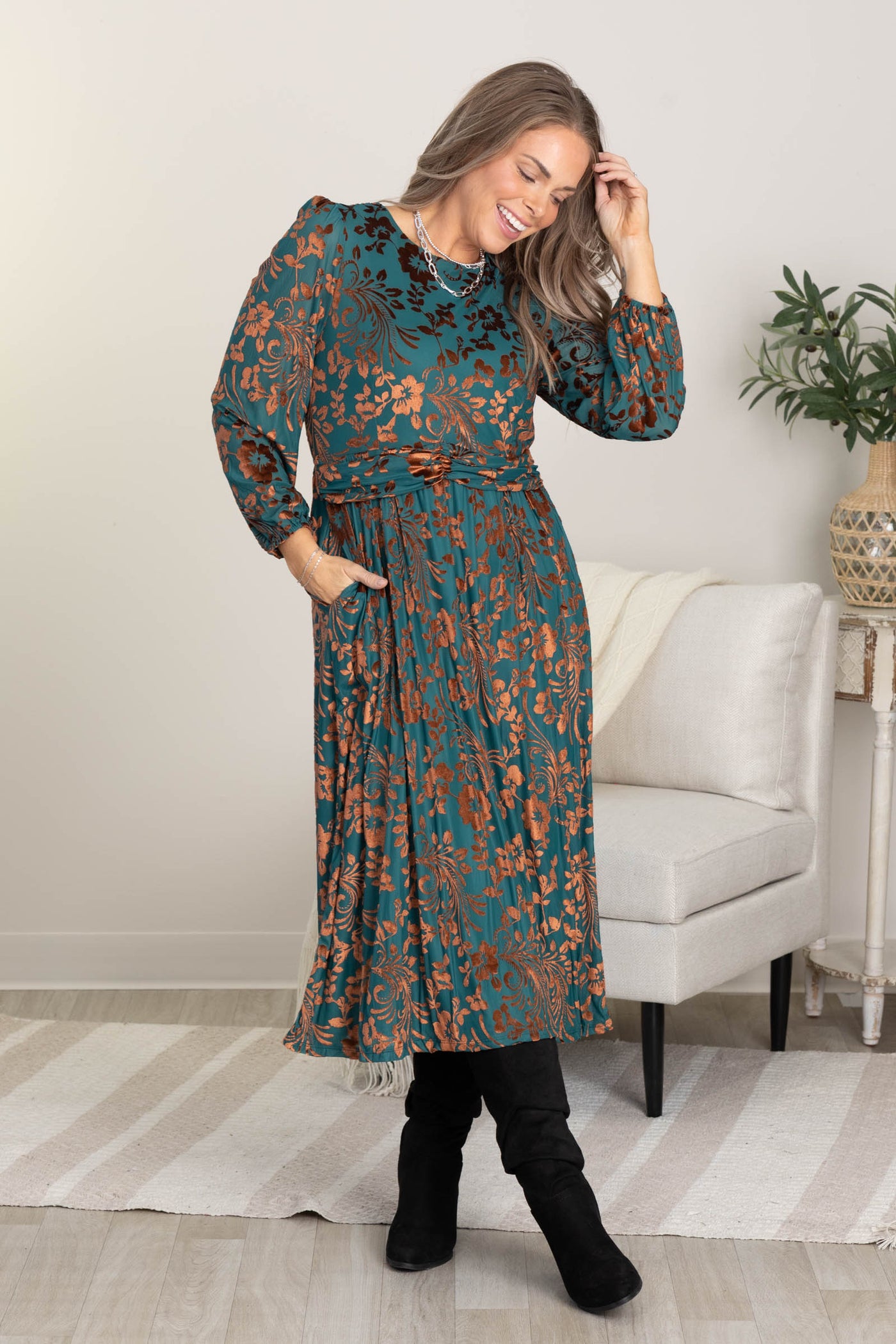 Teal and Copper Burnout Velvet Floral Print Dress