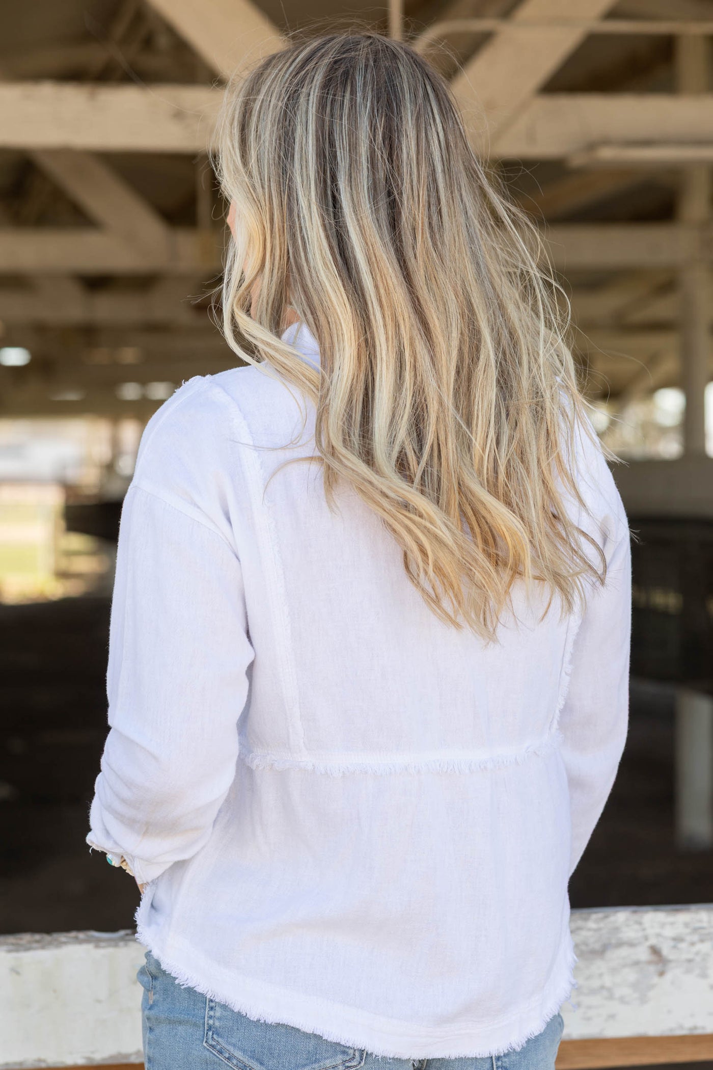 White Linen Blend Fray Detail Button Up Top