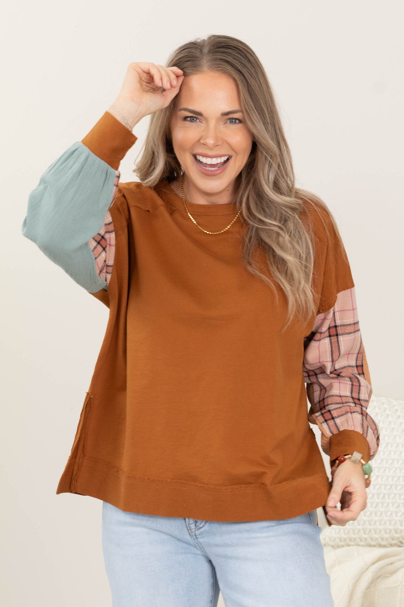 Cinnamon Plaid Sleeve Knit Top
