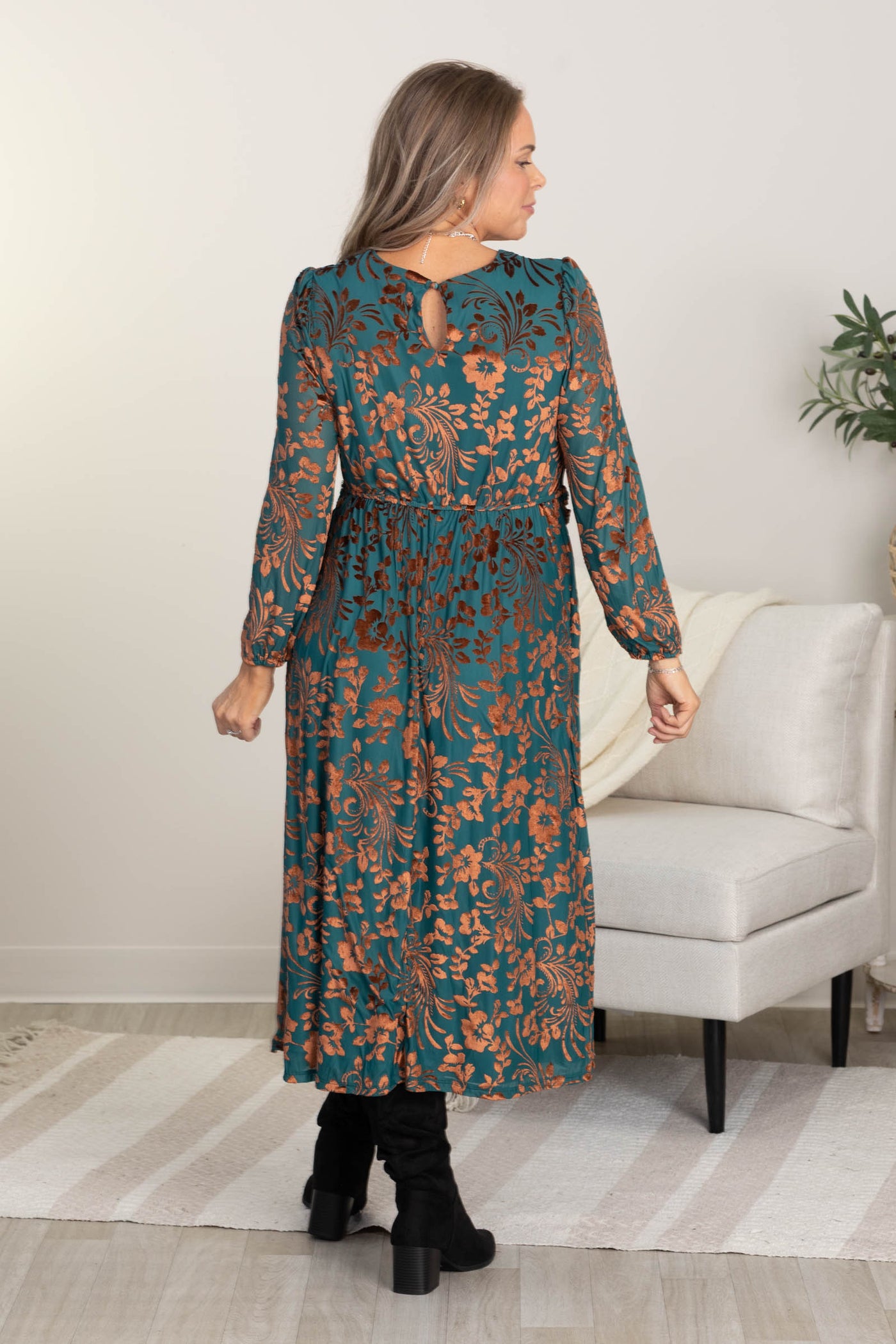Teal and Copper Burnout Velvet Floral Print Dress