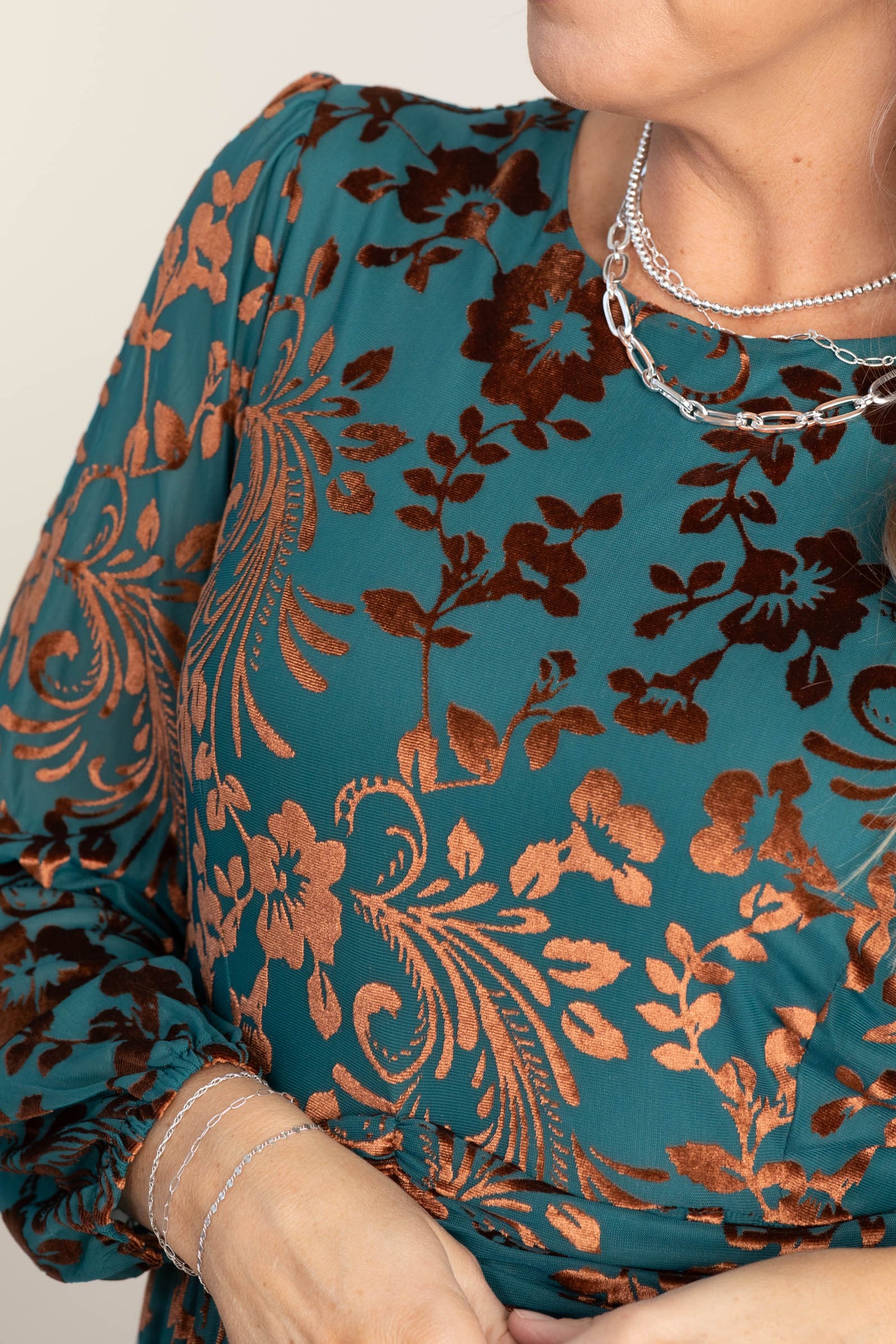 Teal and Copper Burnout Velvet Floral Print Dress