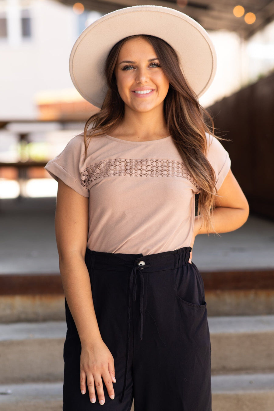 Taupe Top With Crochet Stripe Detail - Filly Flair