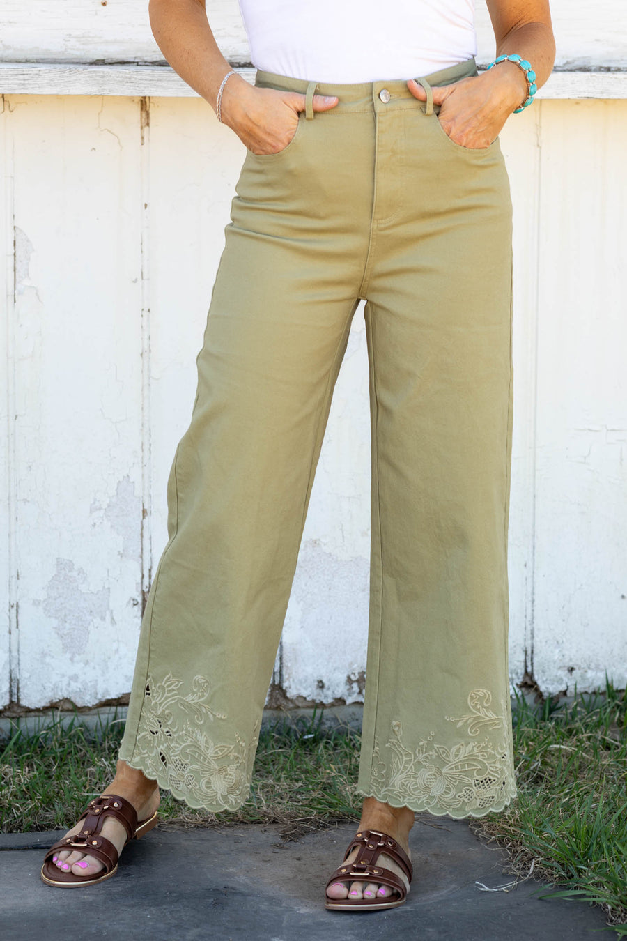 Light Olive Scallop Hem And Embroidery Pants