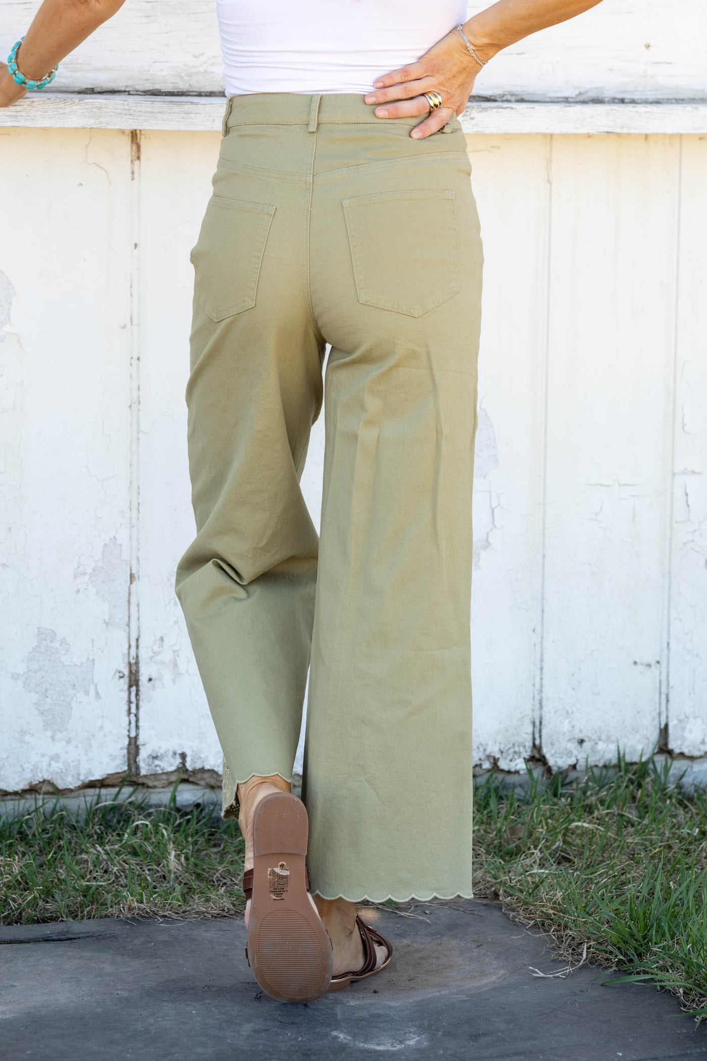 Light Olive Scallop Hem And Embroidery Pants