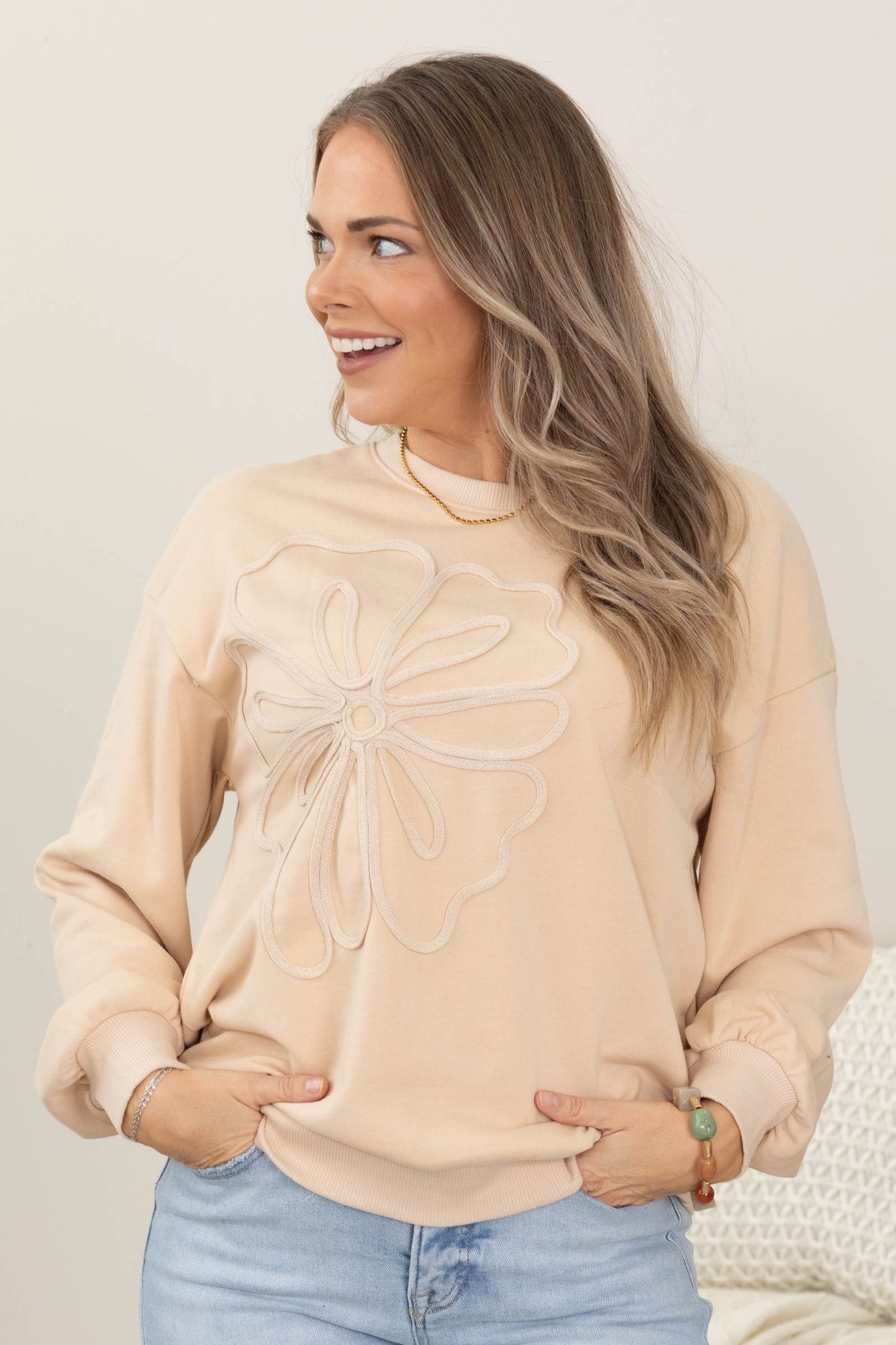 Tan Top With Embroidered Flower Detail