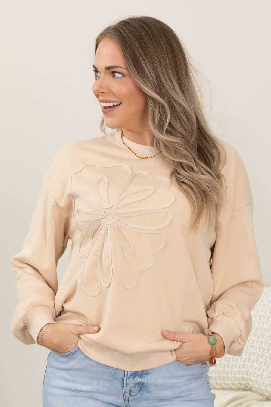 Tan Top With Embroidered Flower Detail