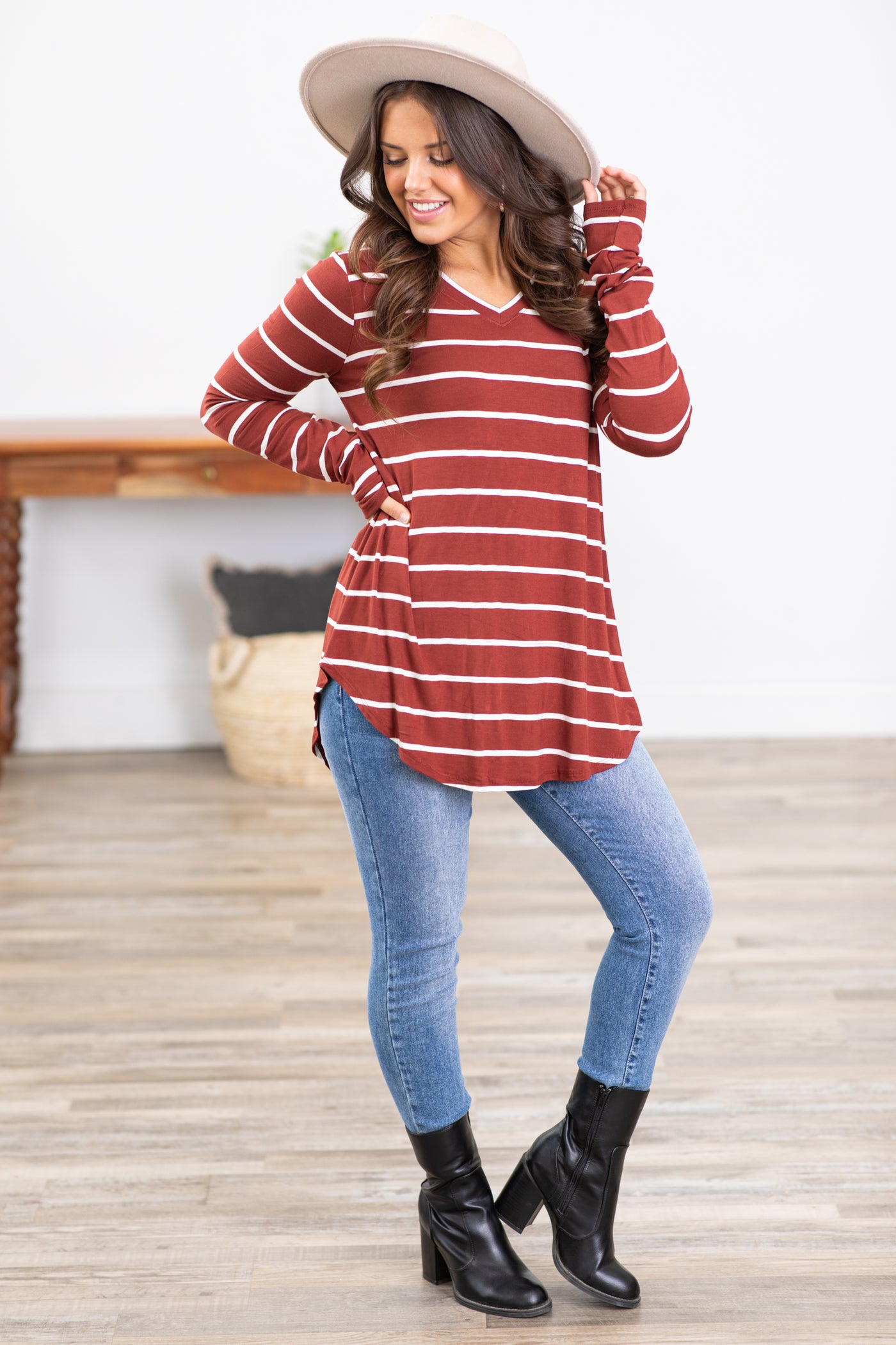 Maroon and Off White Stripe V-Neck Top