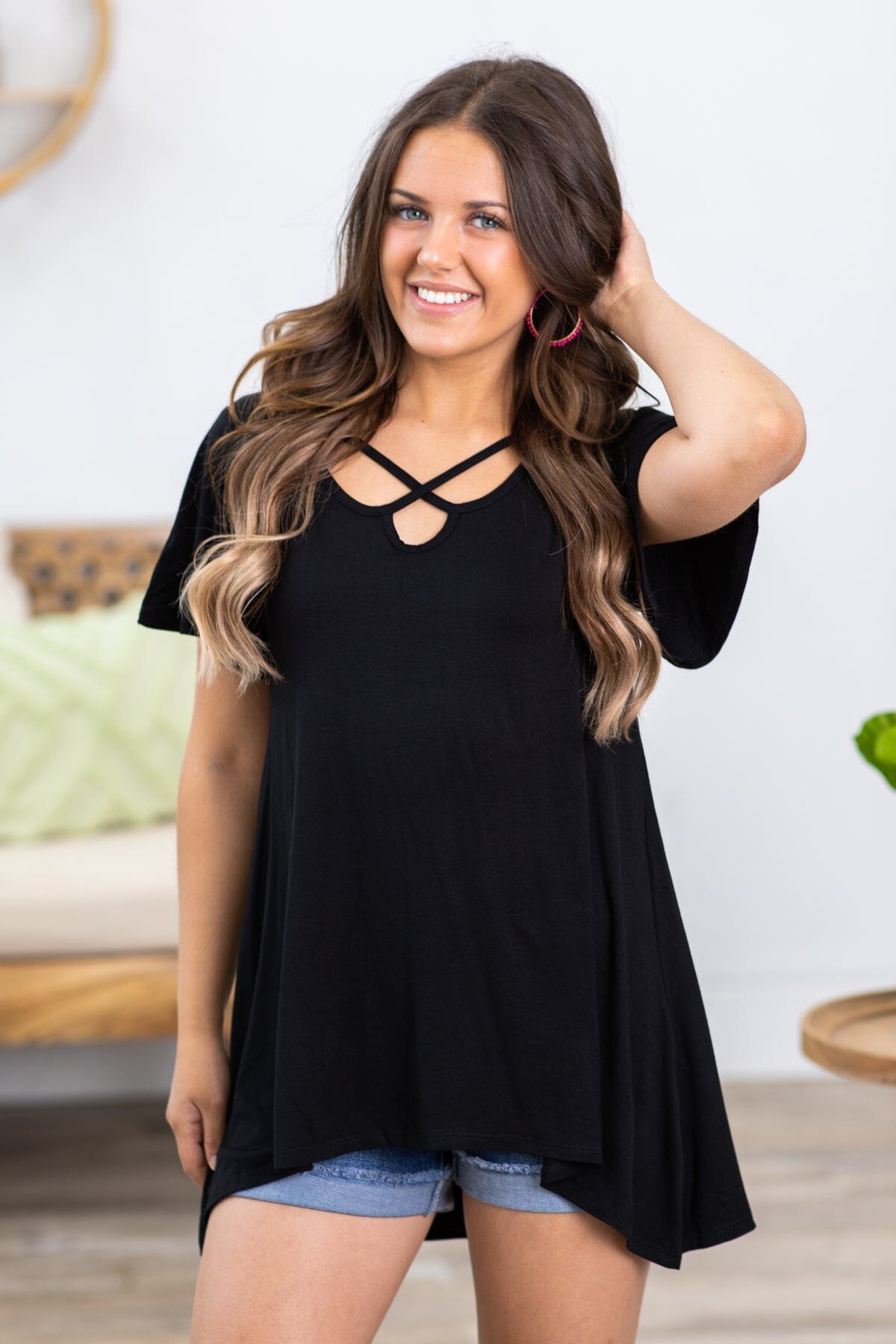 Black Short Sleeve Top With Criss-Cross Detail - Filly Flair