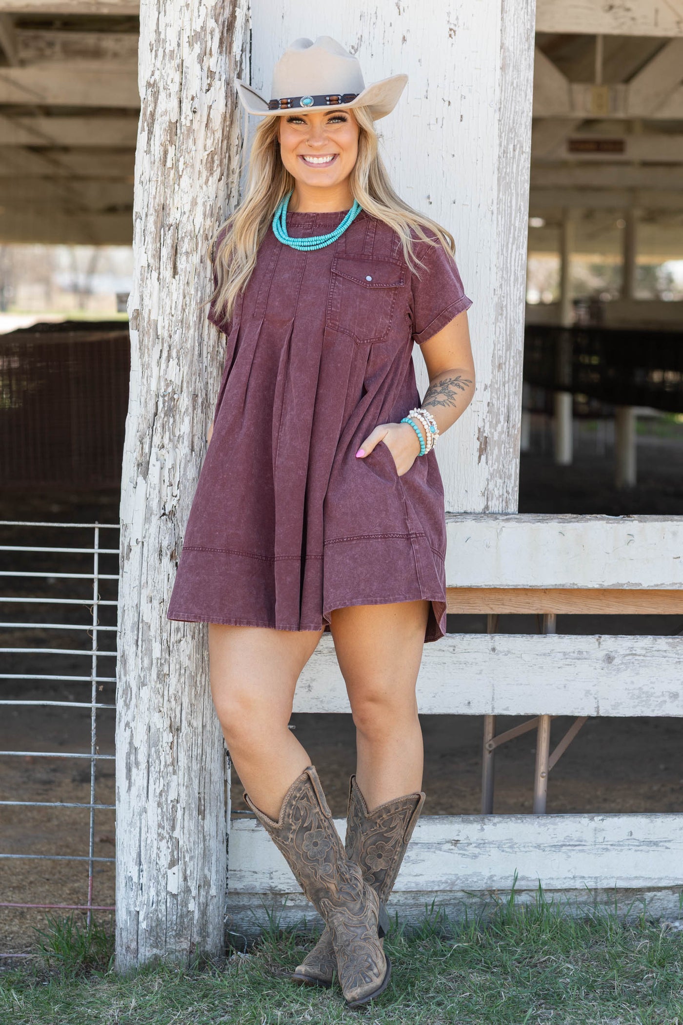 Berry Washed Pleated Side Pocket Dress · Filly Flair
