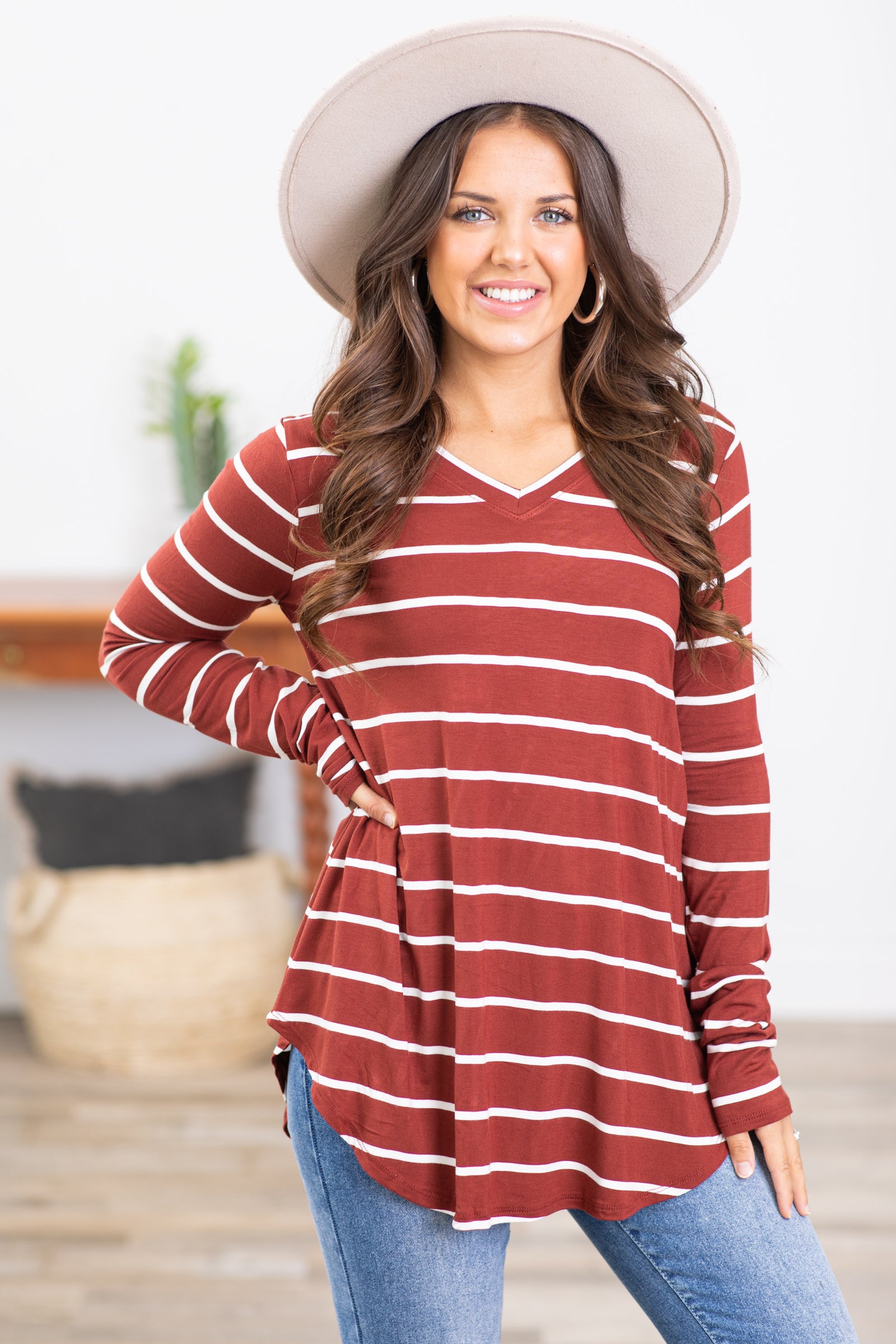 Maroon and Off White Stripe V-Neck Top