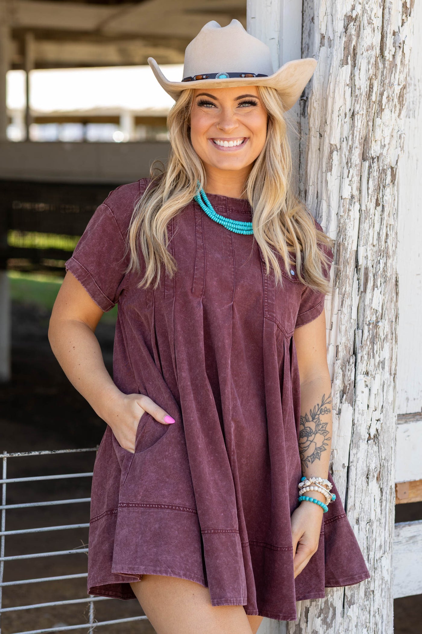 Berry Washed Pleated Side Pocket Dress · Filly Flair