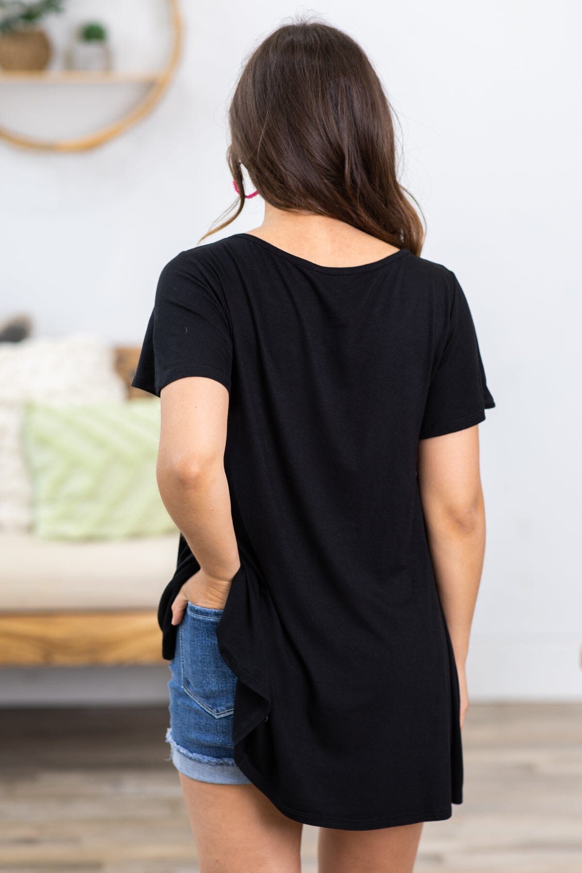 Black Short Sleeve Top With Criss-Cross Detail - Filly Flair